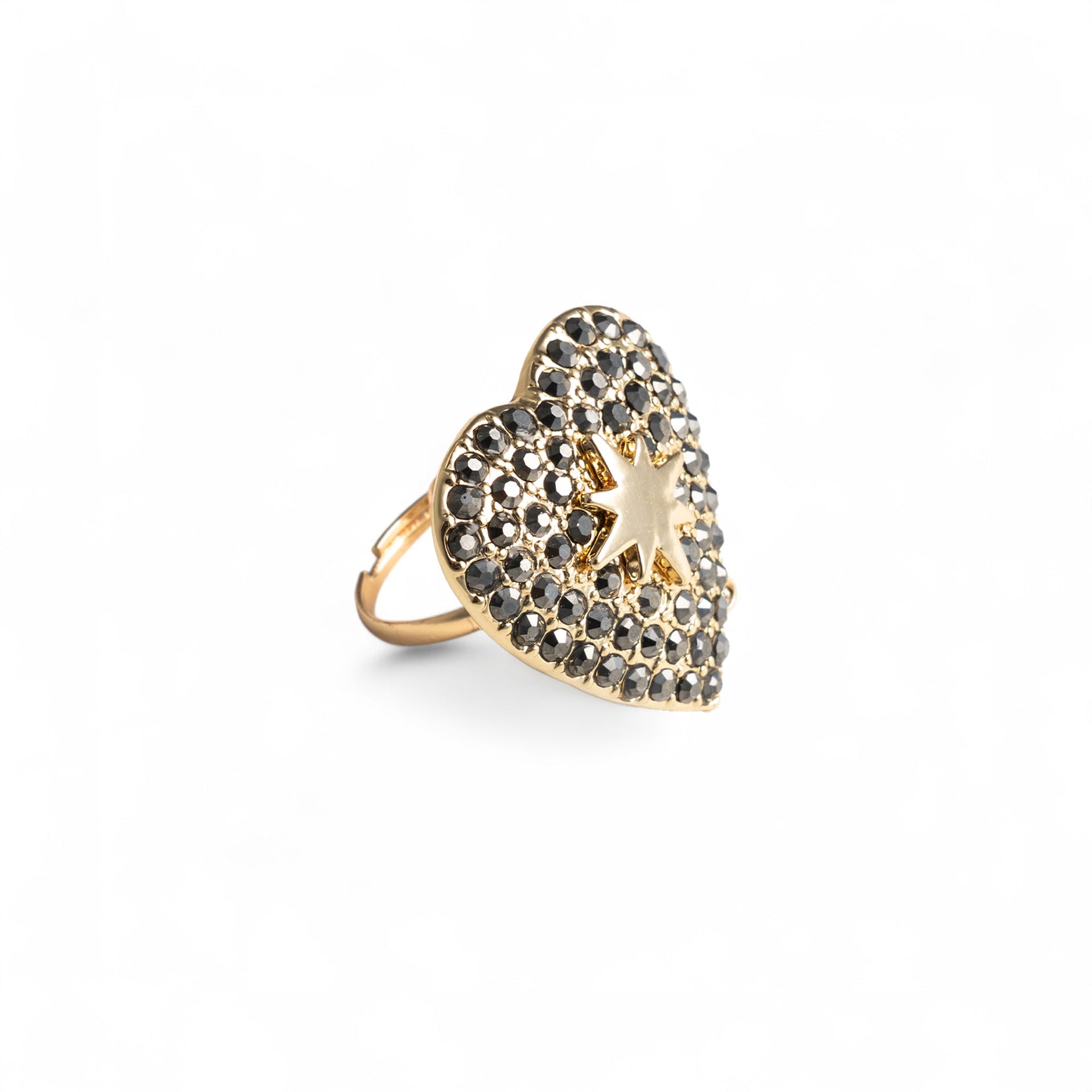 Anello regolabile in metallo con base a cuore, con pietre in vetro grigie - Mya Accessories