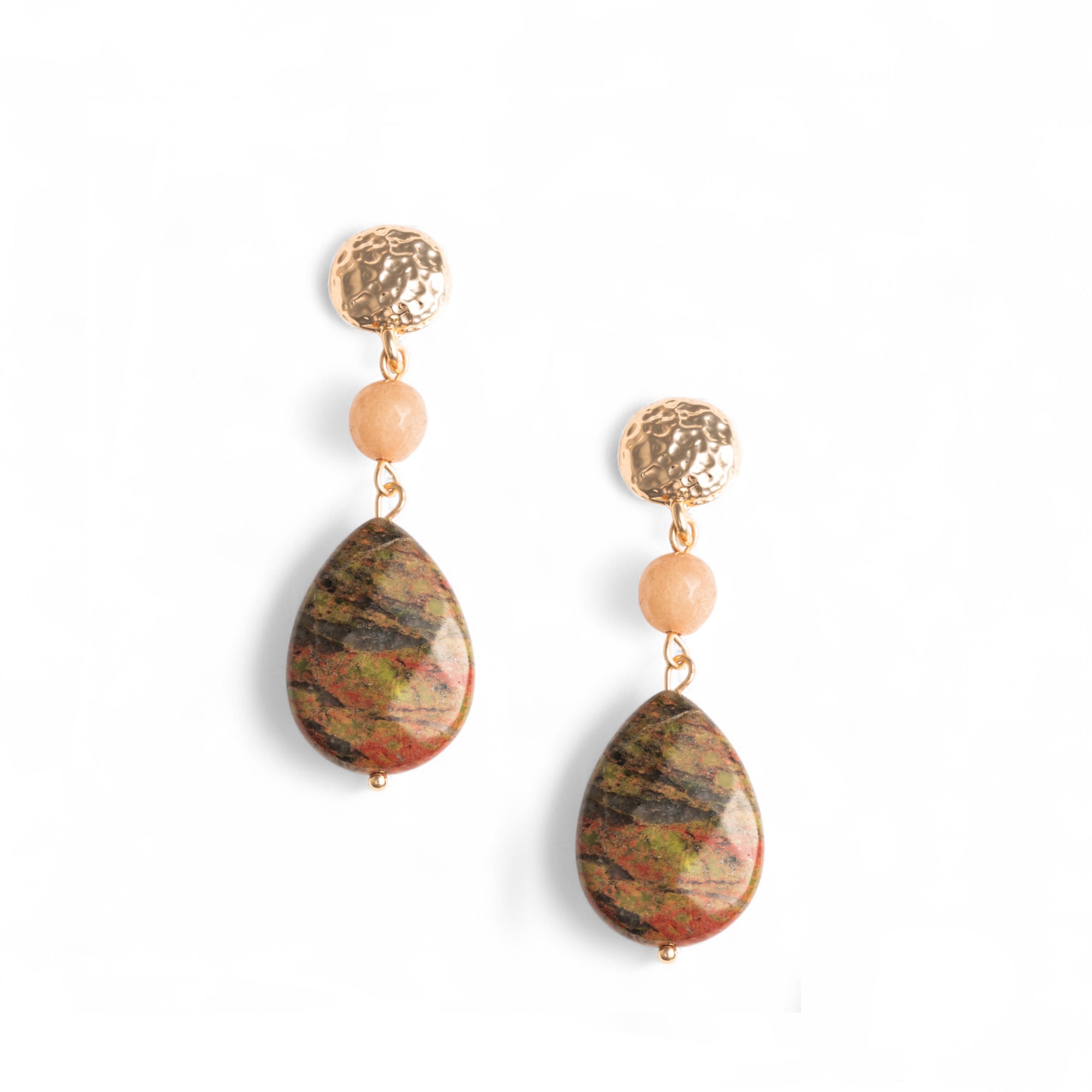 Orecchini pendenti con pietra a goccia semidura tono verde/beige - Mya Accessories