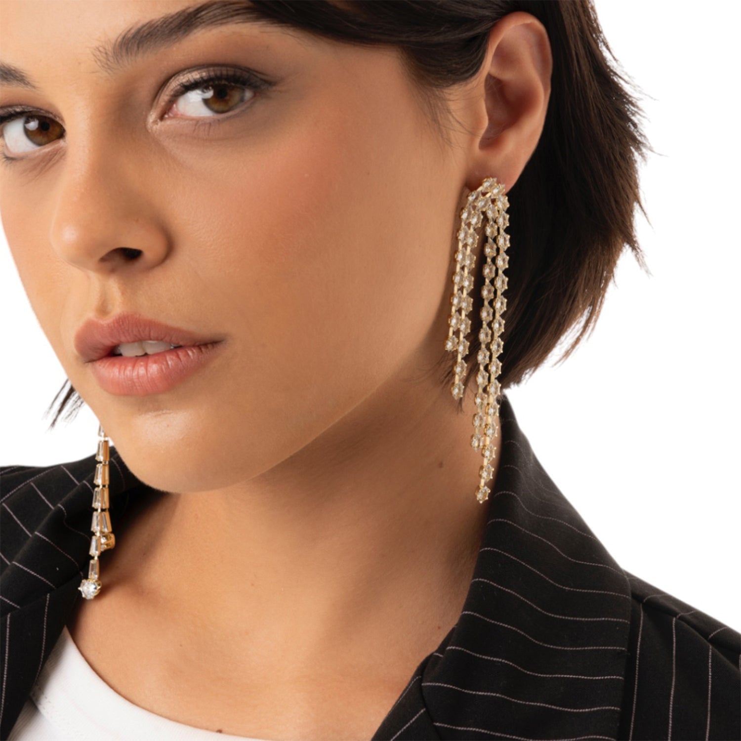 Orecchini pendenti a cascata di fili in metallo con pietre in vetro crystal - Mya Accessories