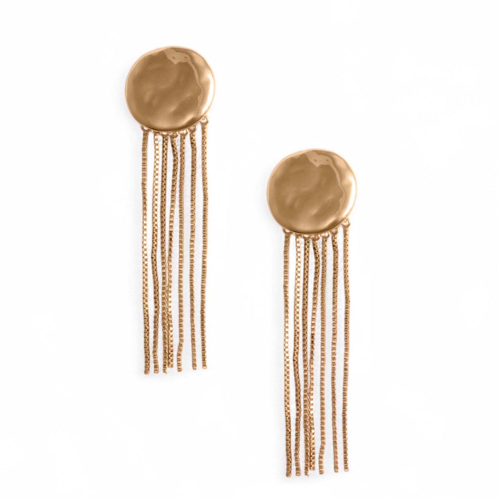 Orecchini in metallo con placchetta circolare e fili pendenti a cascata - Mya Accessories