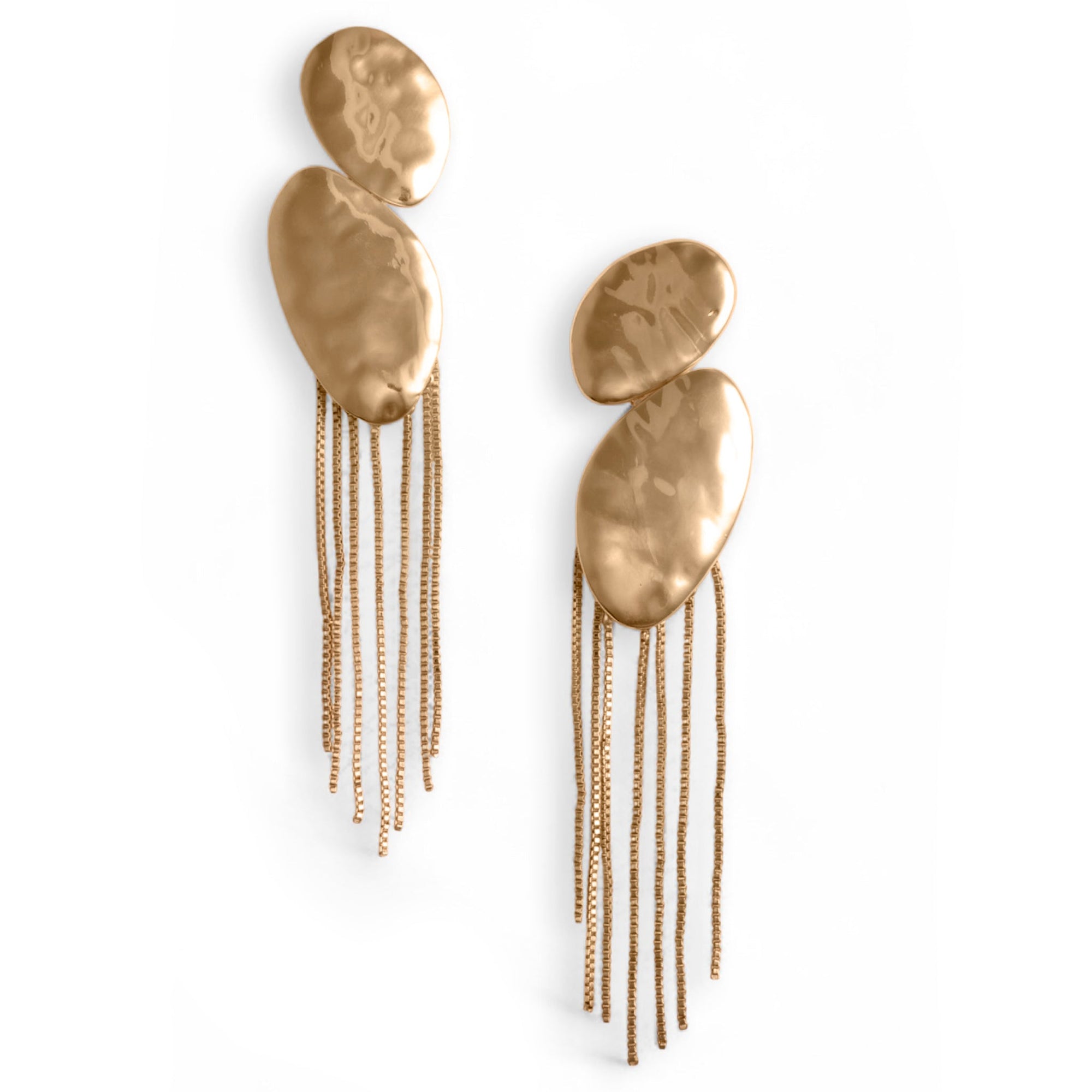 Orecchini in metallo con doppia placchetta ovale e fili pendenti a cascata - Mya Accessories