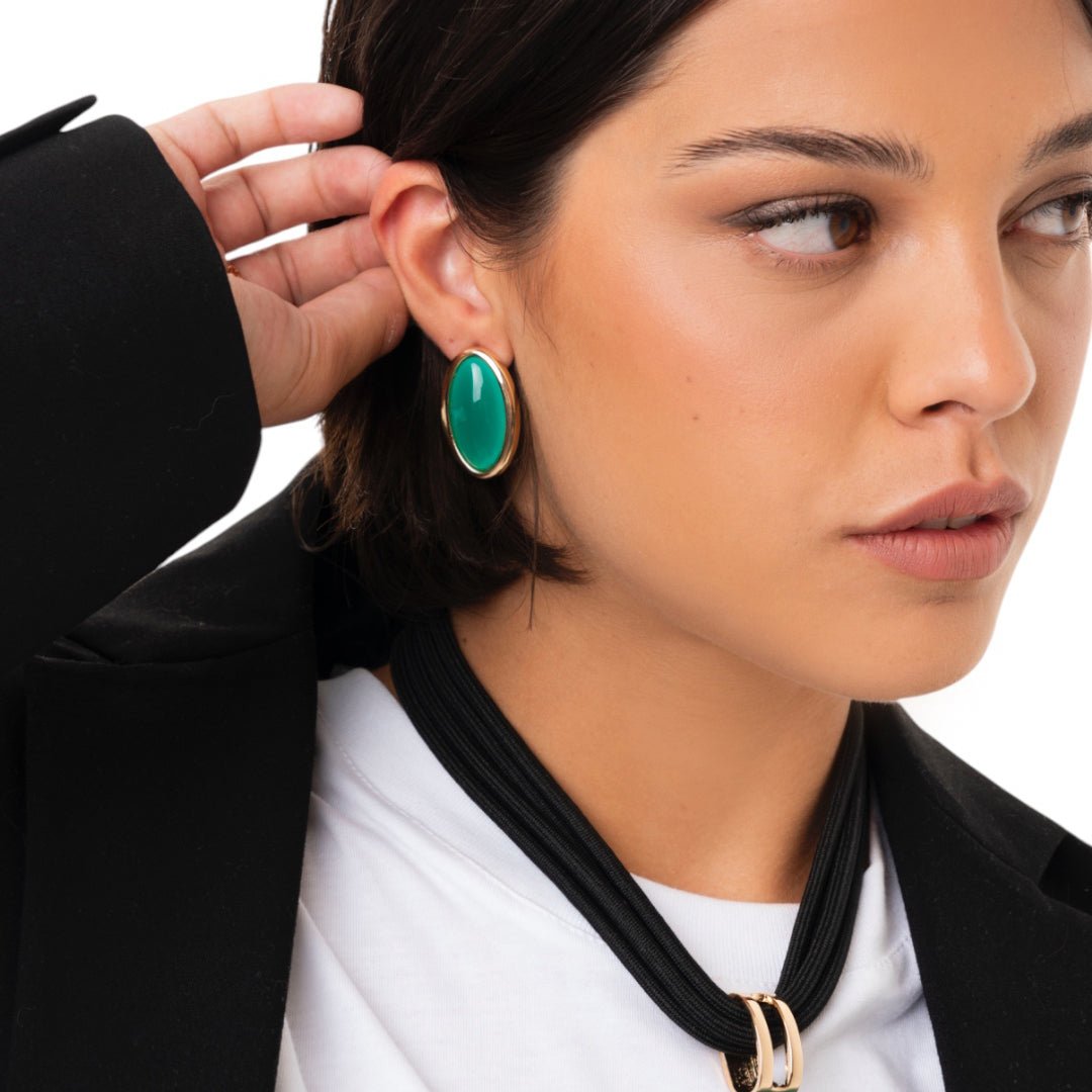 Orecchini ovali in metallo con pietra in acrilico verde petrolio - Mya Accessories