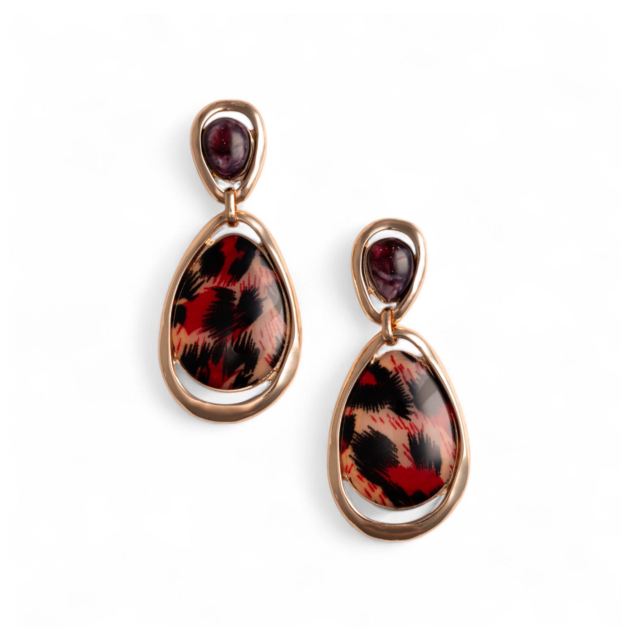 Orecchini pendenti in metallo con doppia pietra in acrilico animalier rossa - Mya Accessories