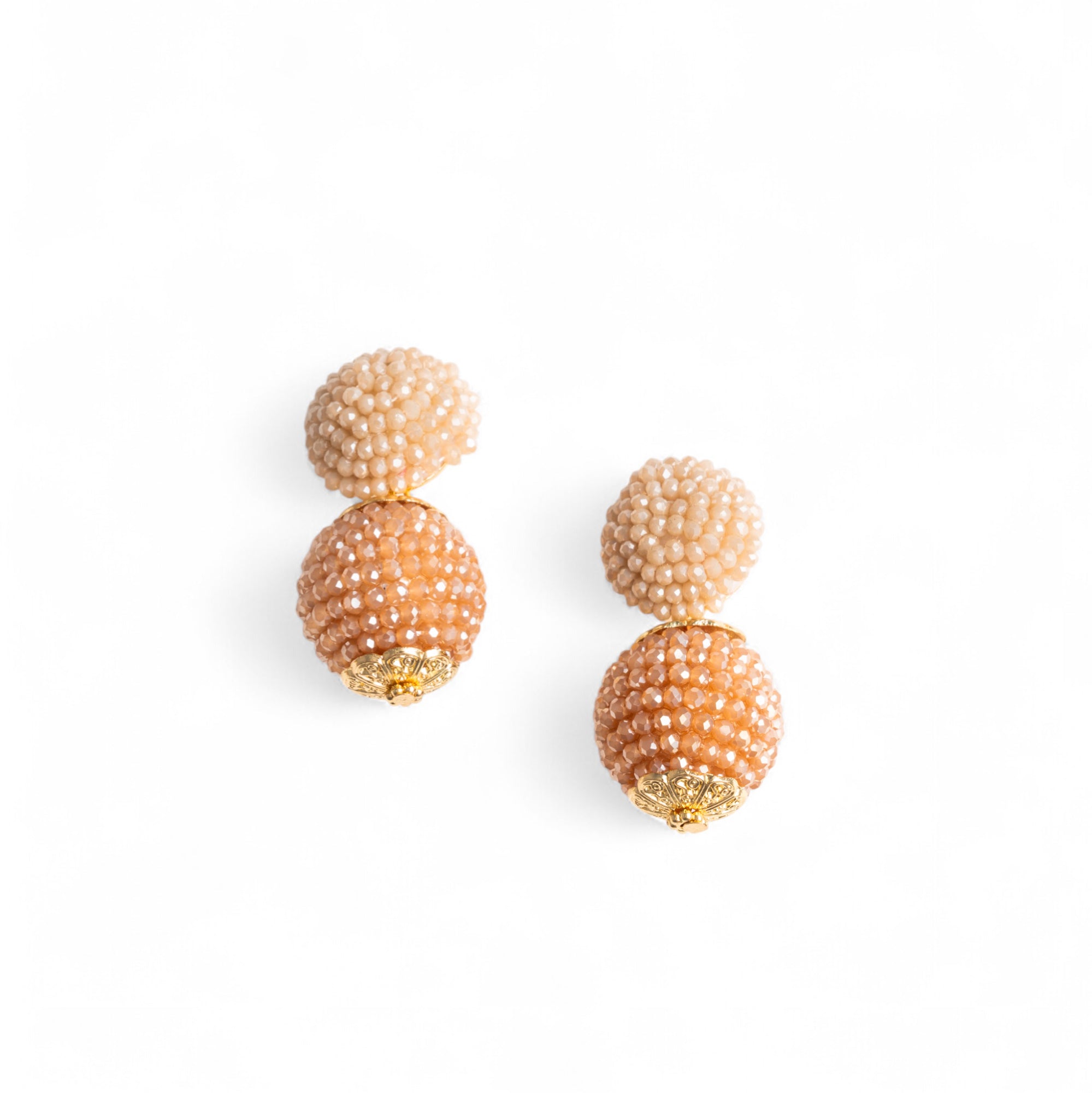 Orecchini pendenti a doppia sfera con microcristalli in vetro tono beige - Mya Accessories