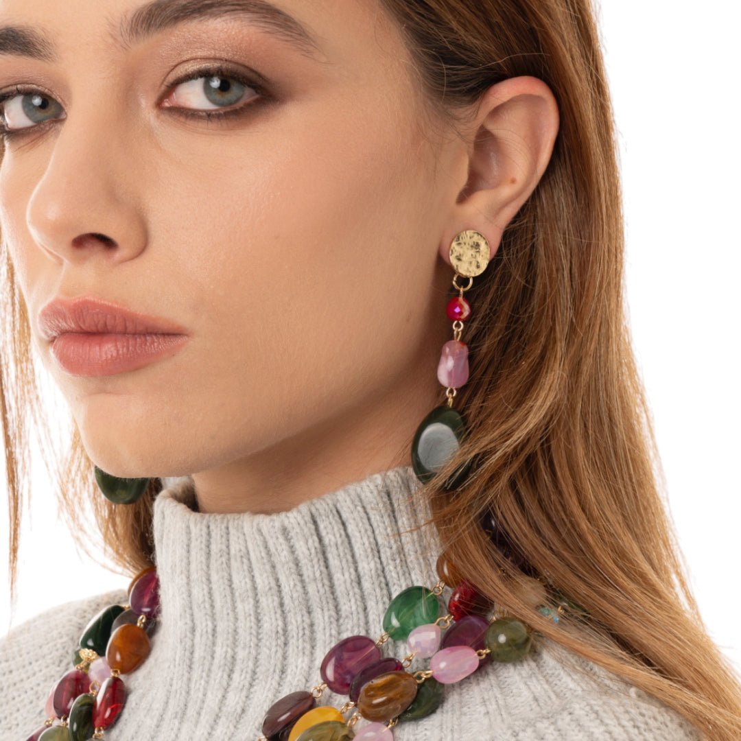 Orecchini pendenti con pietre in vetro ed acrilico multicolore - Mya Accessories