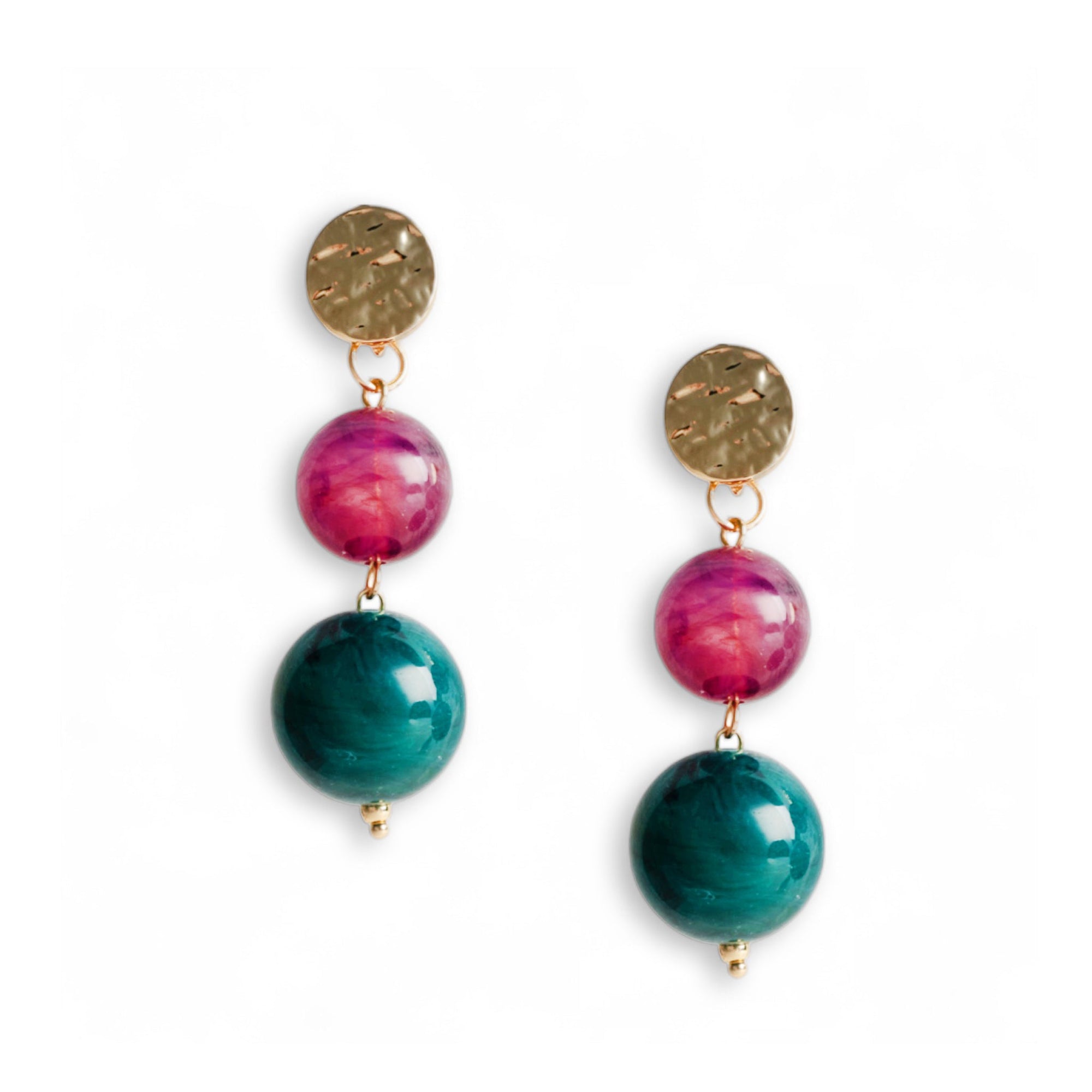Orecchini pendenti con doppia sfera in acrilico magenta e verde petrolio - Mya Accessories