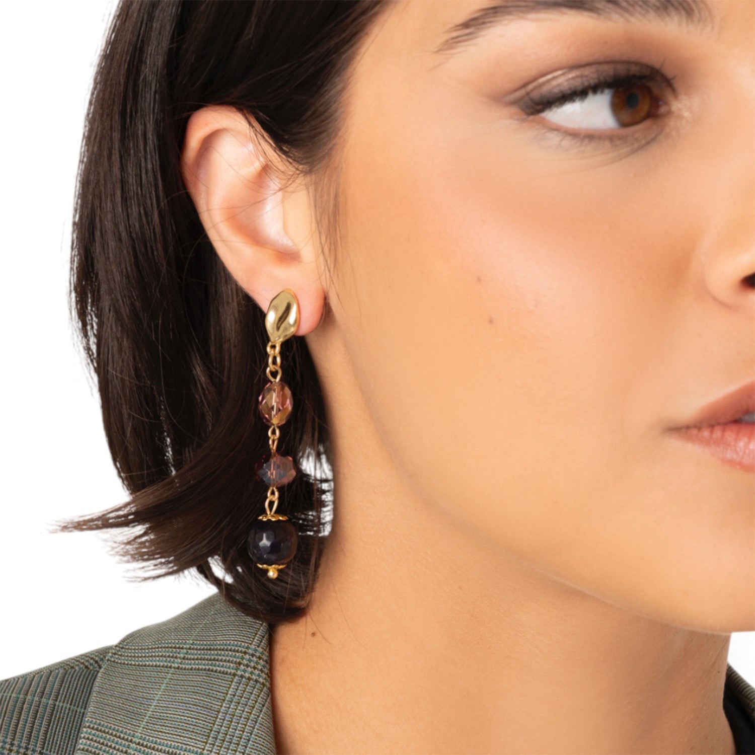 Orecchini pendenti con tre pietre semidure in vetro tono viola - Mya Accessories