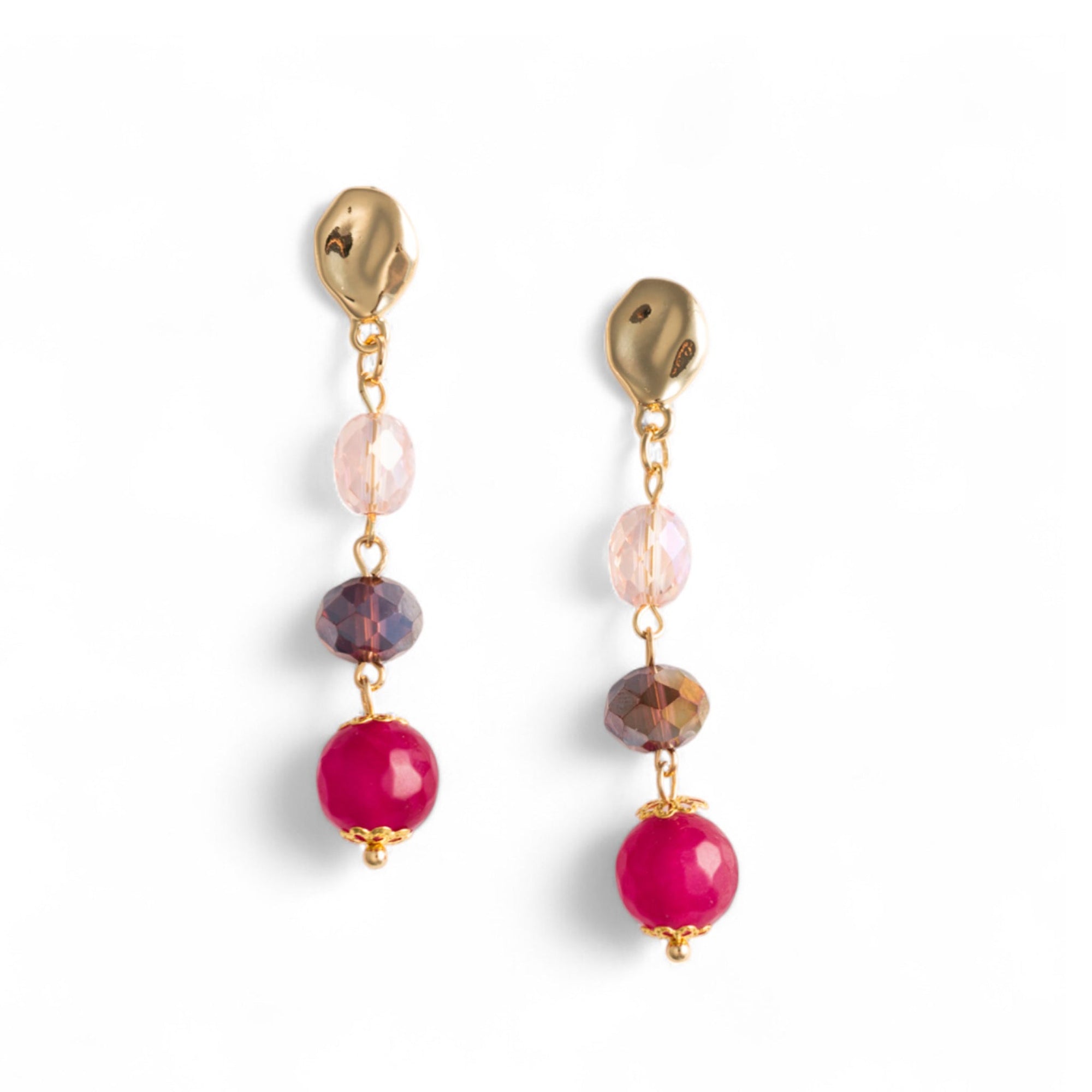 Orecchini pendenti con tre pietre semidure in vetro tono fucsia - Mya Accessories
