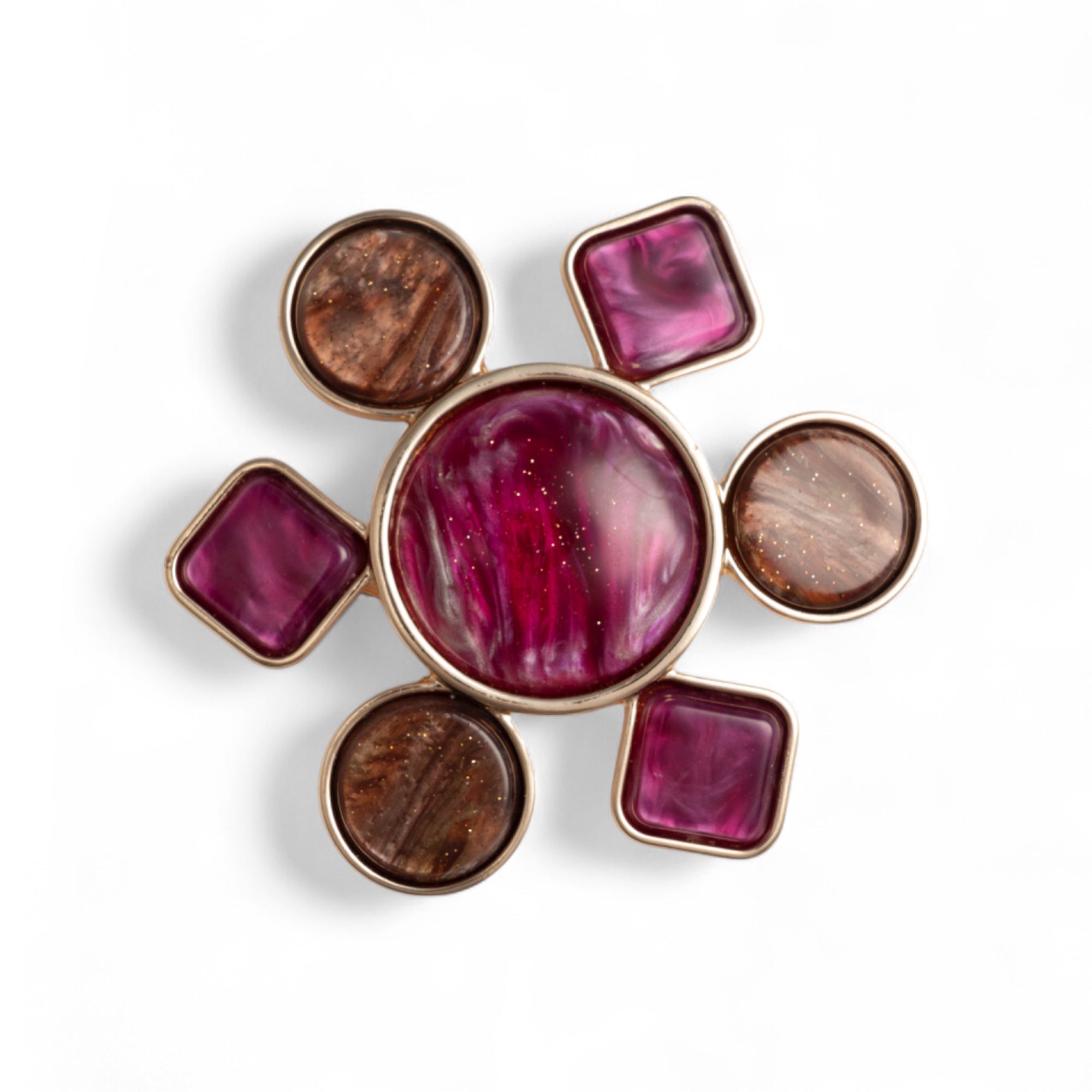 Spilla con base in metallo a forma di fiore geometrico in acrilico tono viola/marrone - Mya Accessories