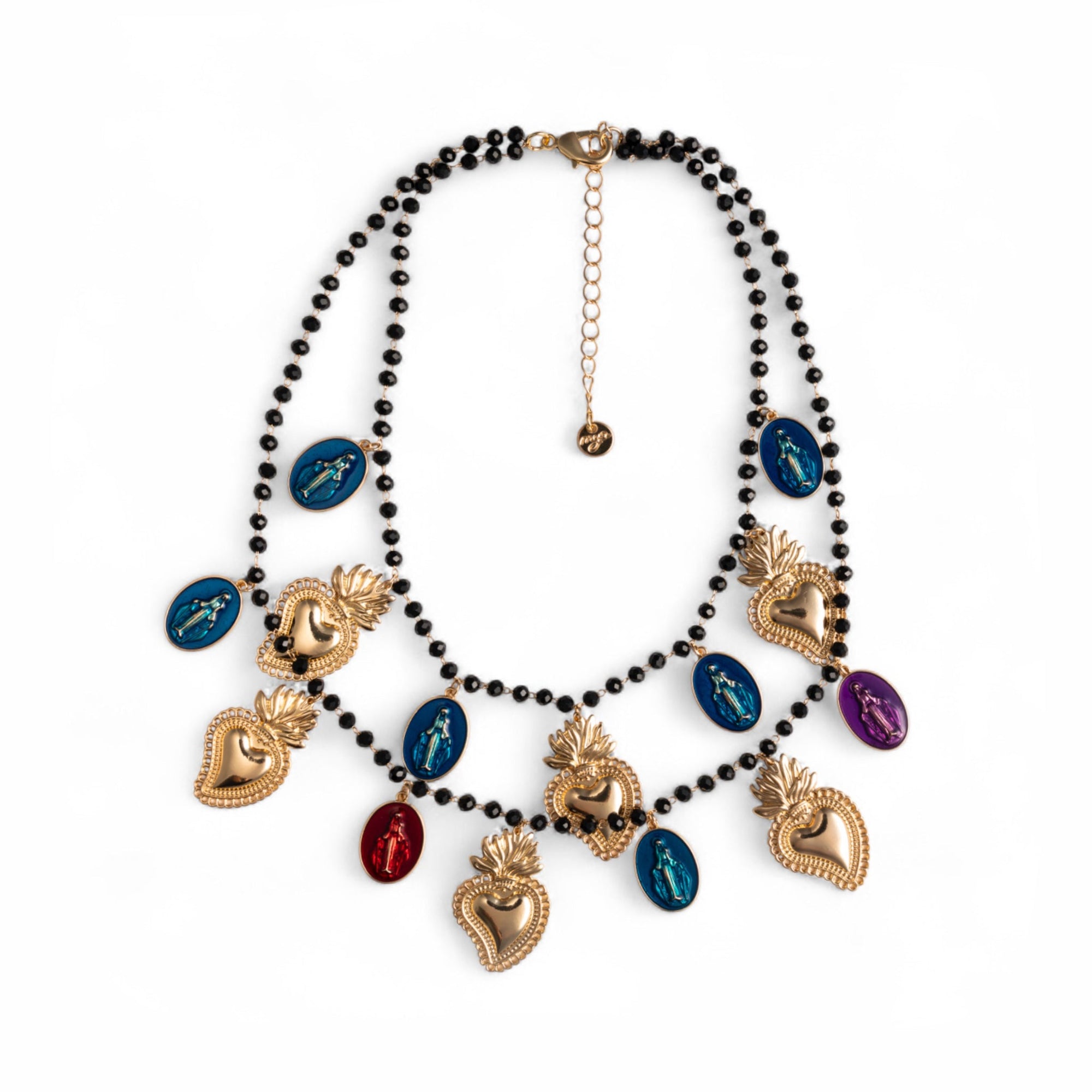 Collana a due fili con pietre in vetro nere e charms pendenti in metallo con cuori sacri - Mya Accessories