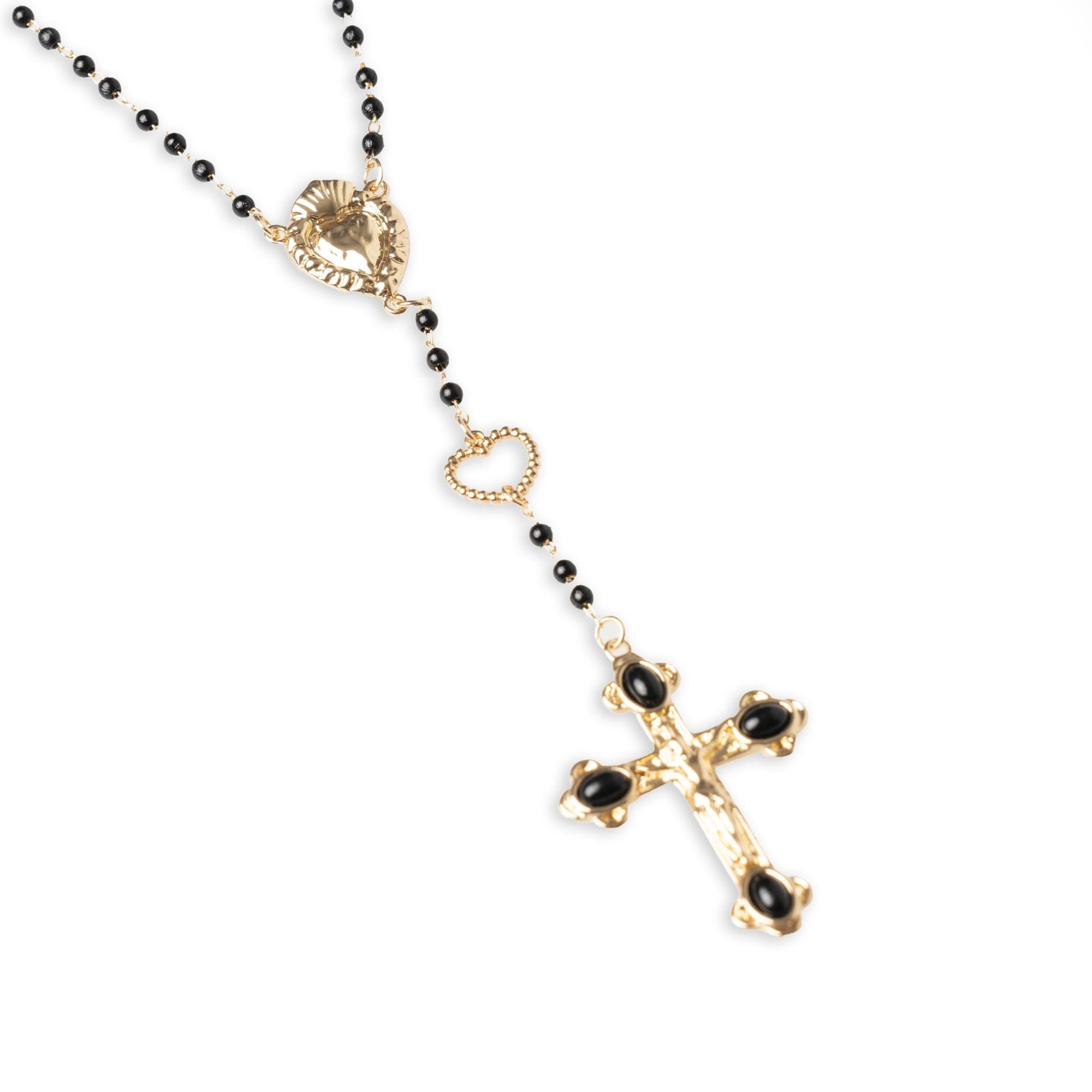 Collana a rosario con pietre in acrilico nere e pendente a croce in metallo - Mya Accessories