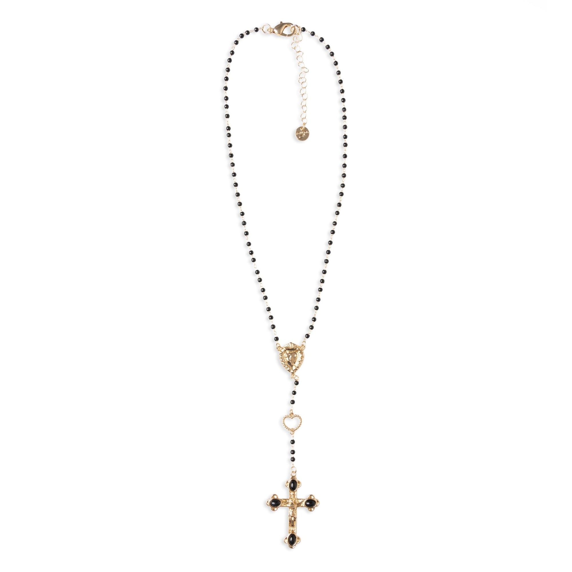 Collana a rosario con pietre in acrilico nere e pendente a croce in metallo - Mya Accessories