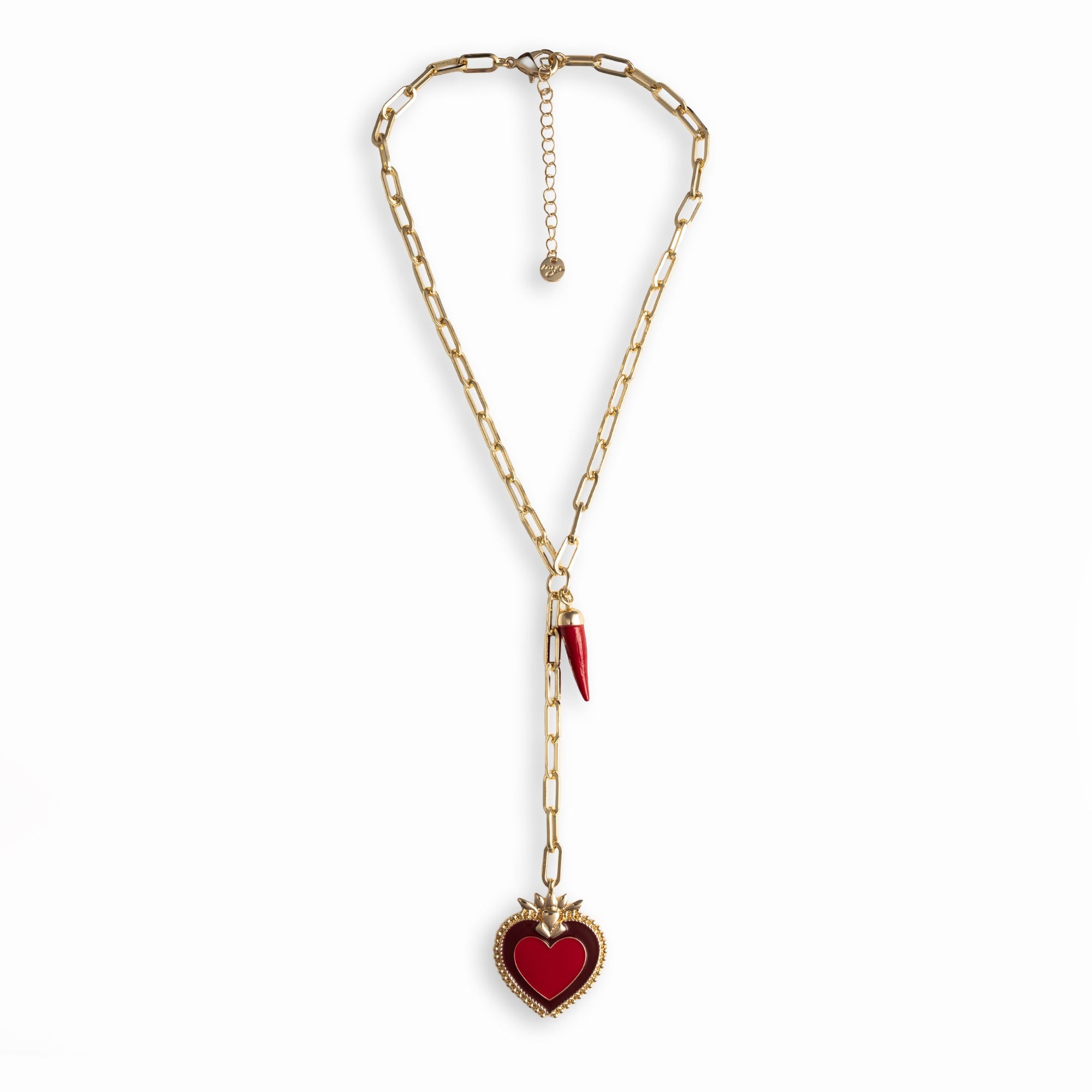 Collana a catena sottile con doppio pendete in acrilico a forma di corno e di cuore tono rosso - Mya Accessories