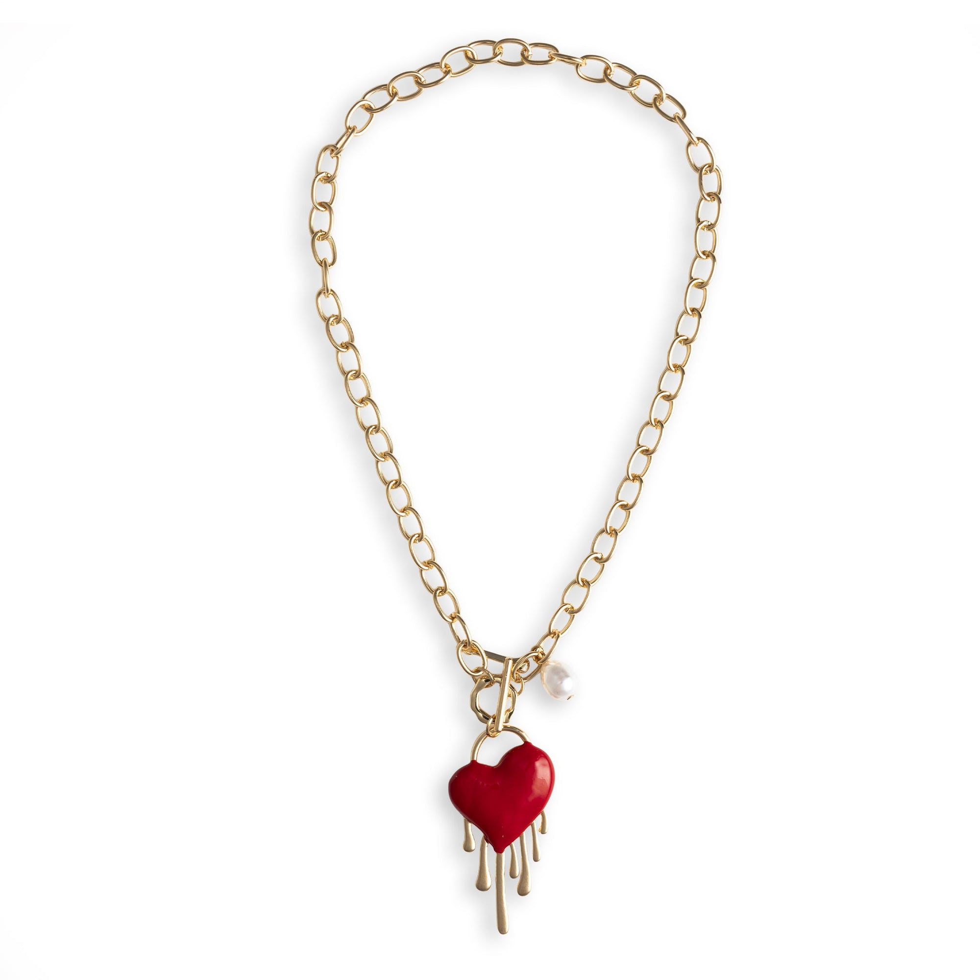 Collana girocollo a catena con pendente perla in acrilico e cuore smaltato rosso - Mya Accessories