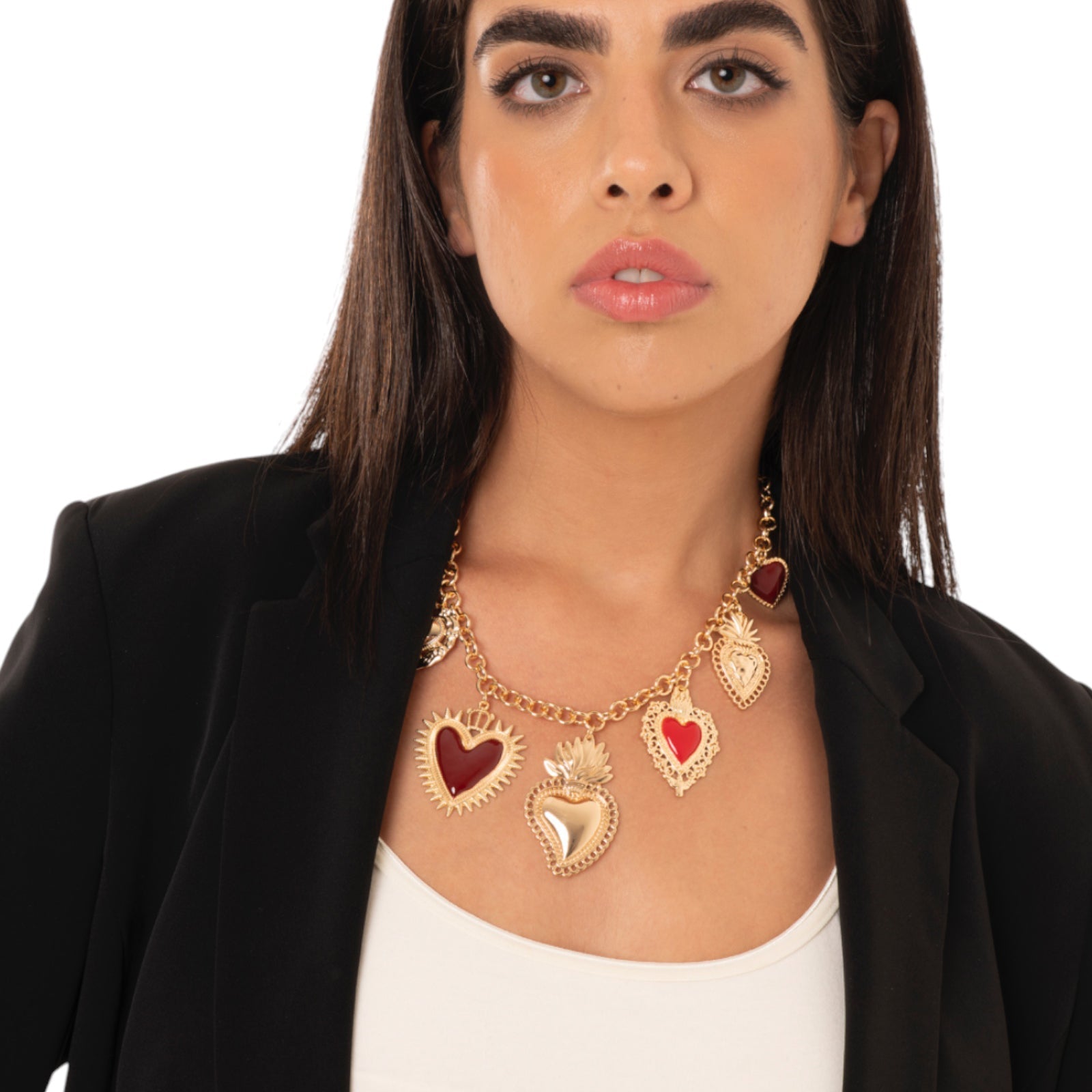 Collana girocollo a catena con charms pendenti in metallo con cuori sacri smaltati tono rosso - Mya Accessories