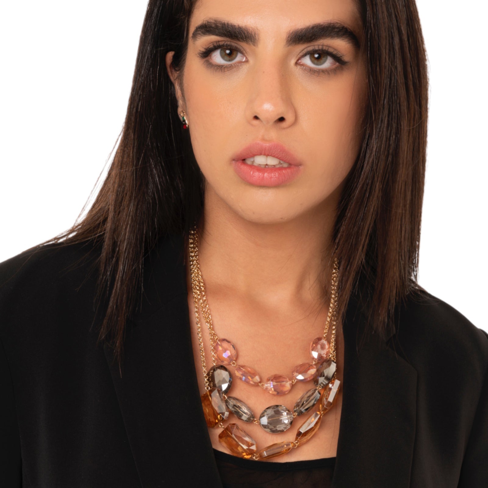 Collana a tre fili con catena sottile, con pietre in vetro multicolore - Mya Accessories