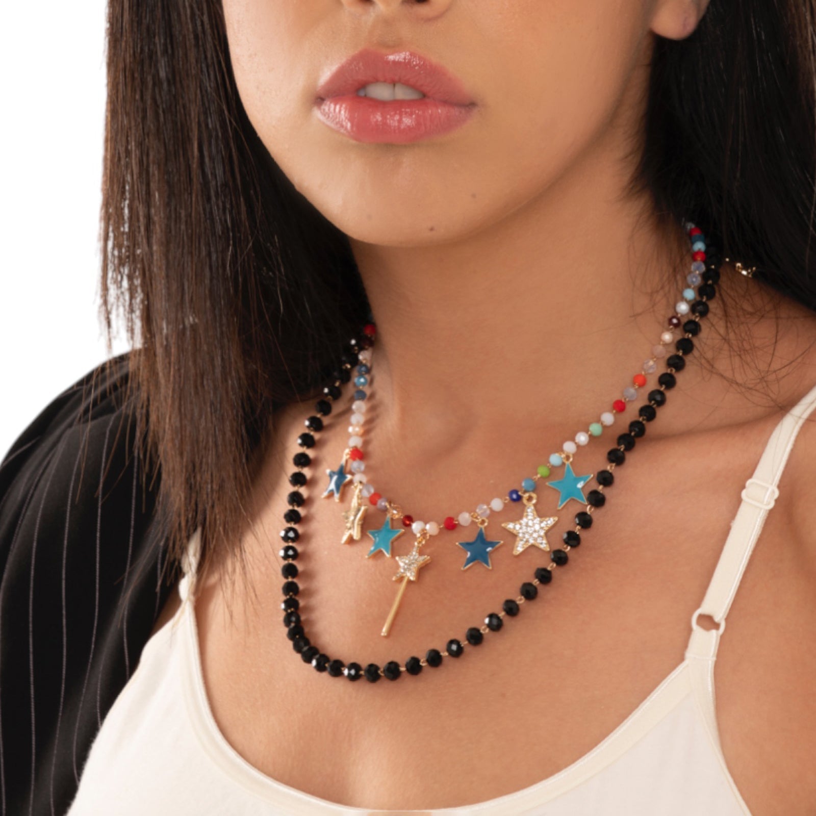 Collana a due fili con pietre in vetro nere e multicolore con stelline pendenti - Mya Accessories