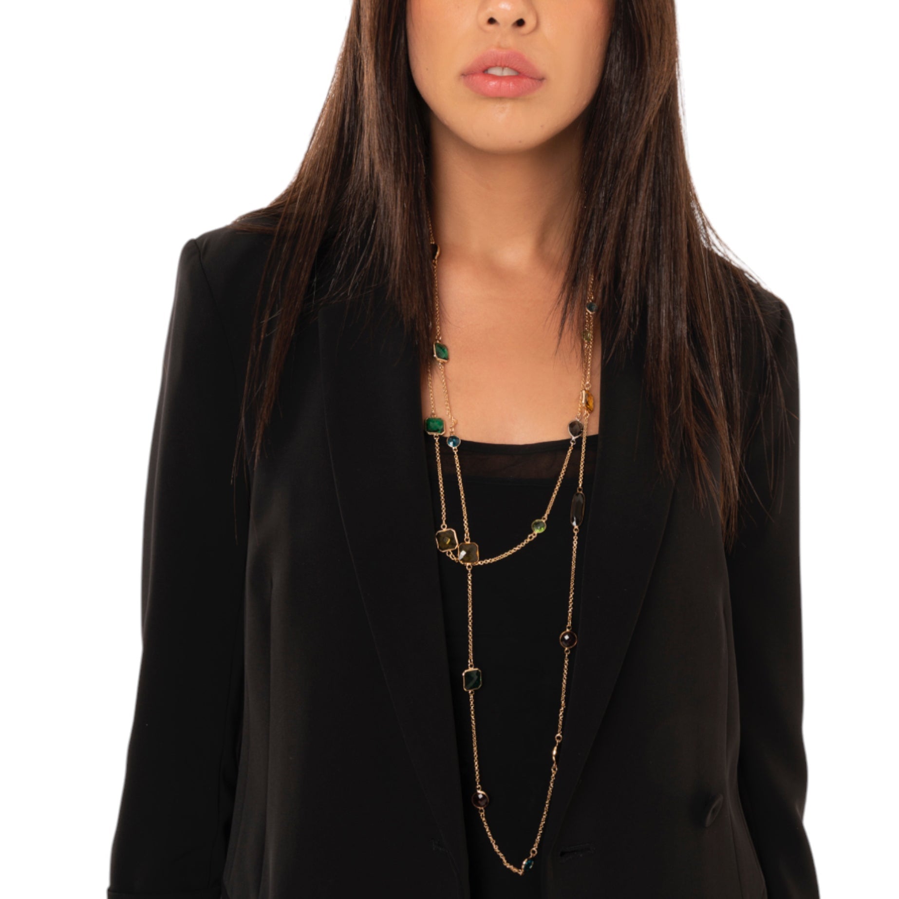 Collana a catena sottile lunga con pietre in vetro multicolore - Mya Accessories