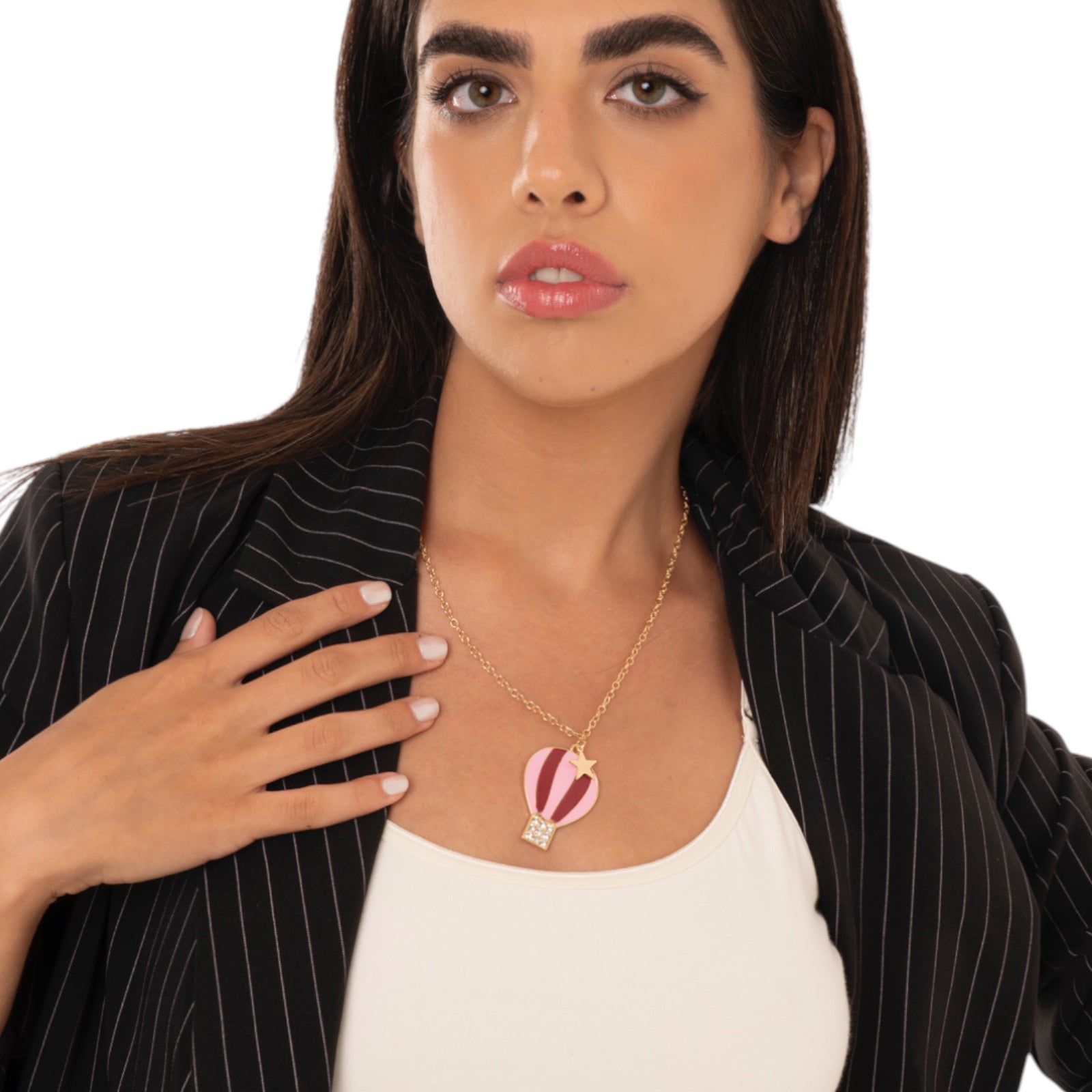 Collana girocollo a catena sottile con pendente a mongolfiera smaltata tono rosa - Mya Accessories