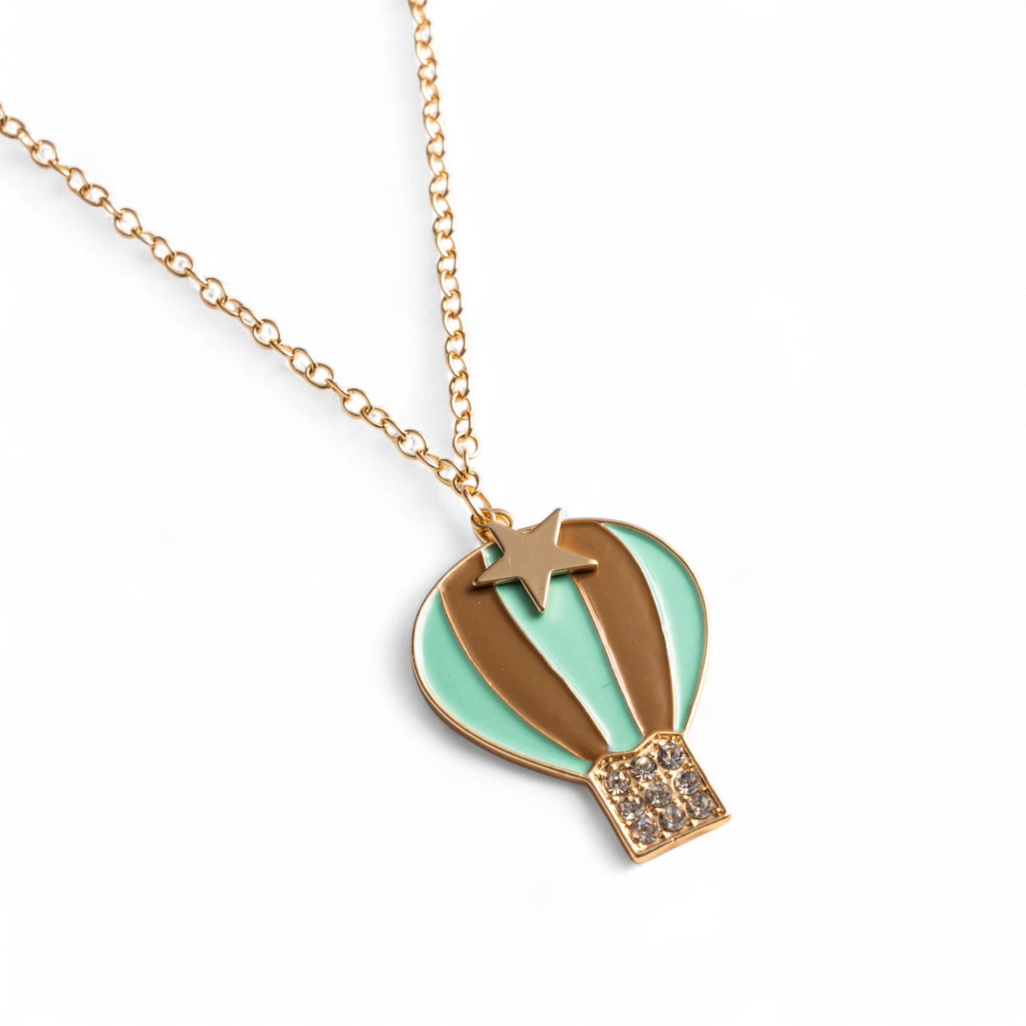 Collana girocollo a catena sottile con pendente a mongolfiera smaltata verde acqua ed oro - Mya Accessories