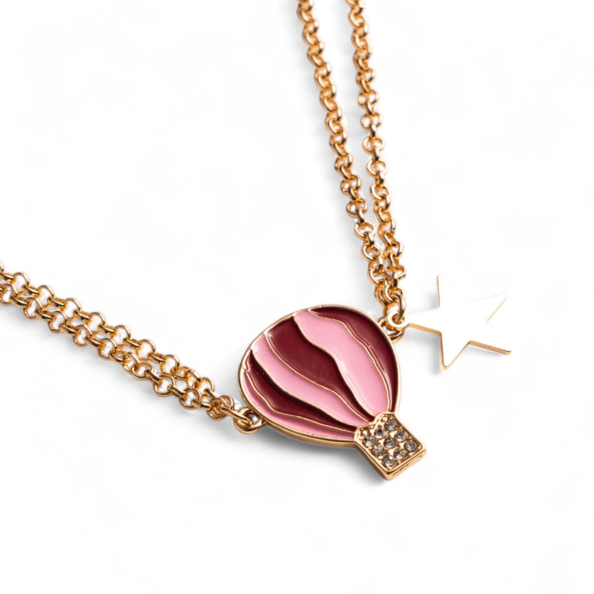 Collana girocollo a due fili con catena sottile e pendente a mongolfiera smaltata tono rosa - Mya Accessories