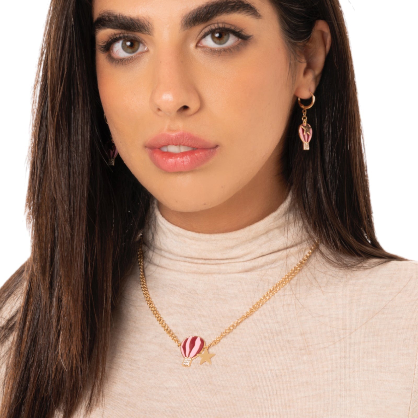 Collana girocollo a due fili con catena sottile e pendente a mongolfiera smaltata tono rosa - Mya Accessories