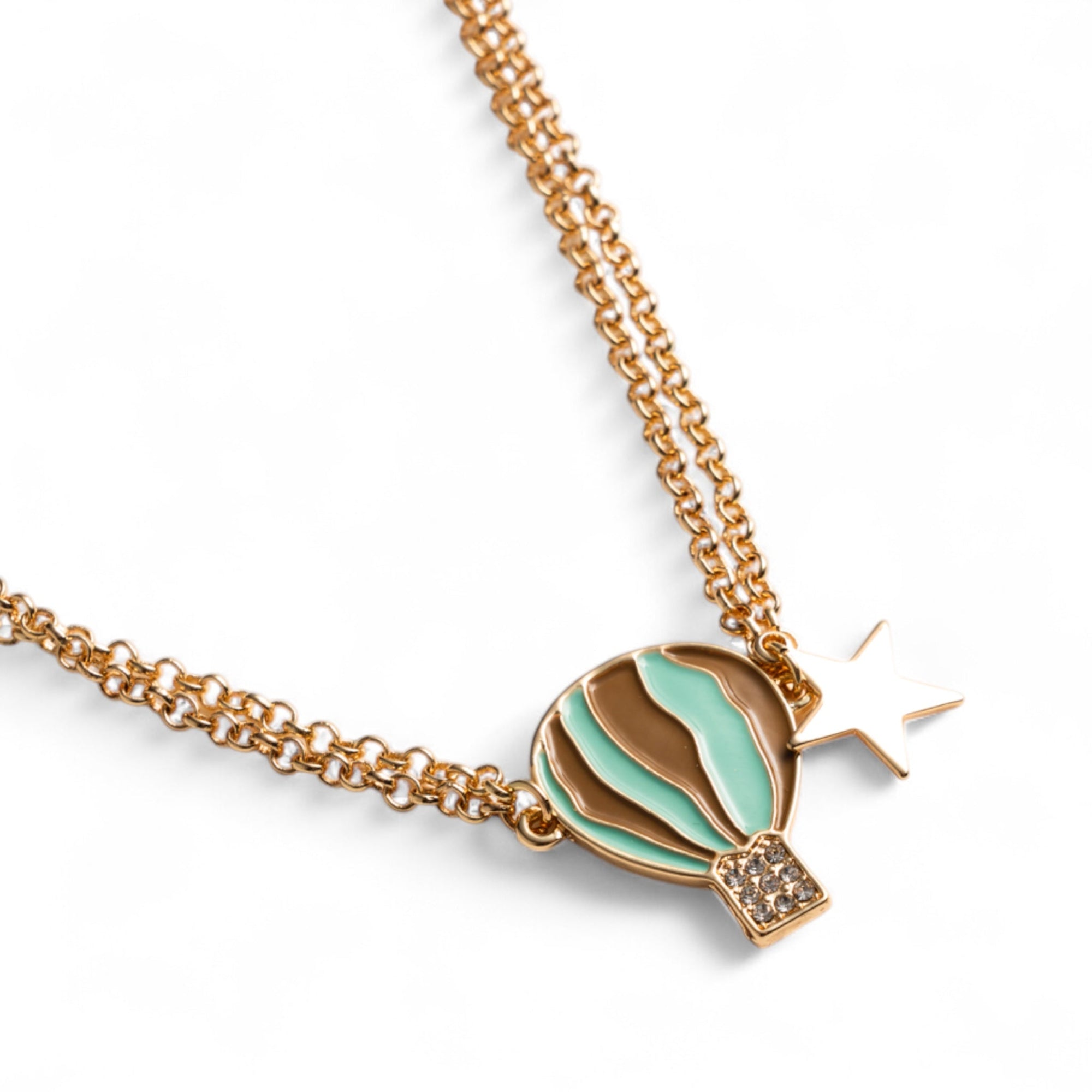 Collana girocollo a due fili con catena sottile e pendente a mongolfiera smaltata verde acqua ed oro - Mya Accessories