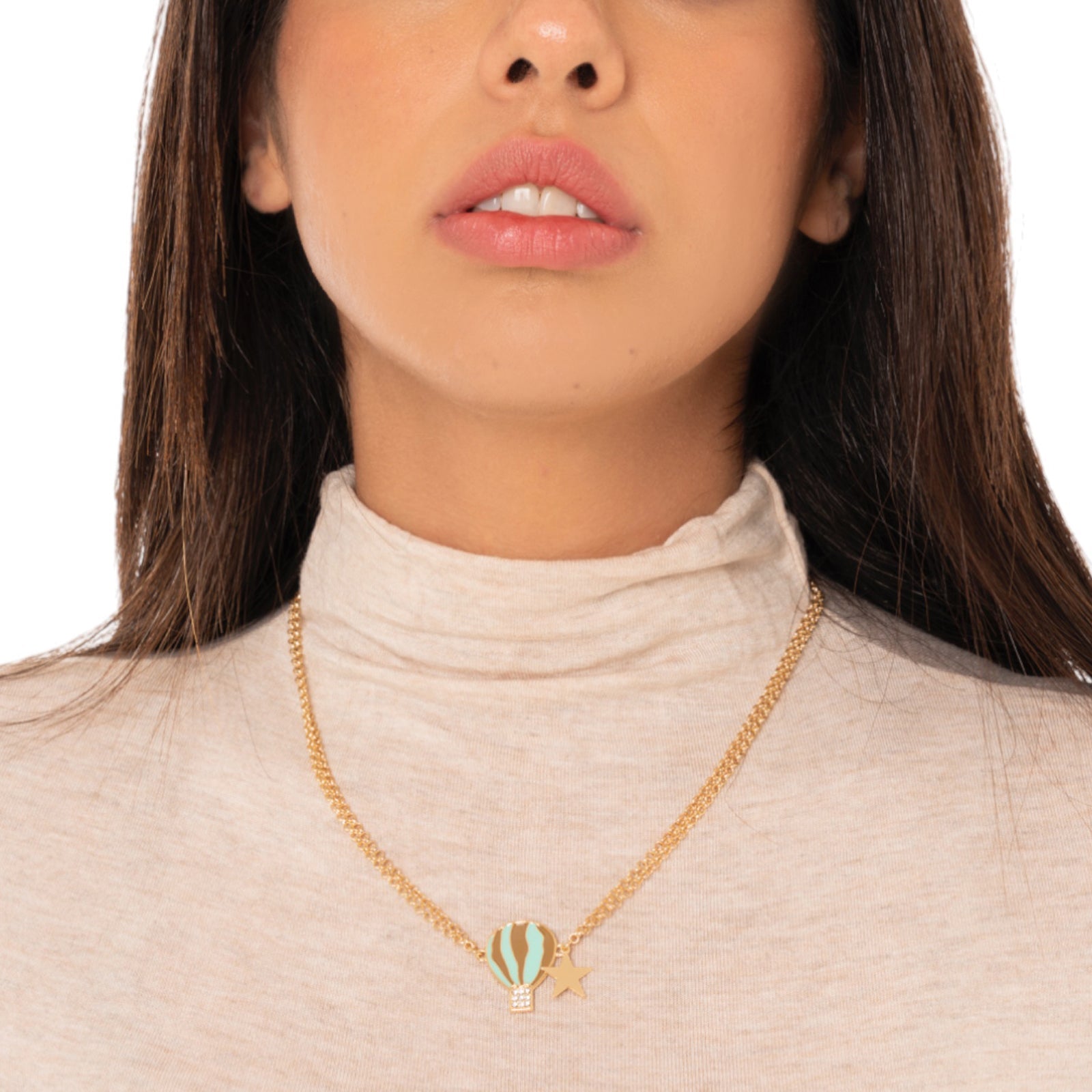 Collana girocollo a due fili con catena sottile e pendente a mongolfiera smaltata verde acqua ed oro - Mya Accessories