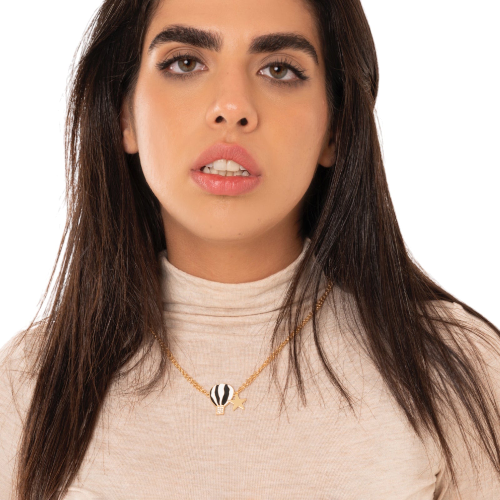 Collana girocollo a due fili con catena sottile e pendente a mongolfiera smaltata bianca e nera - Mya Accessories