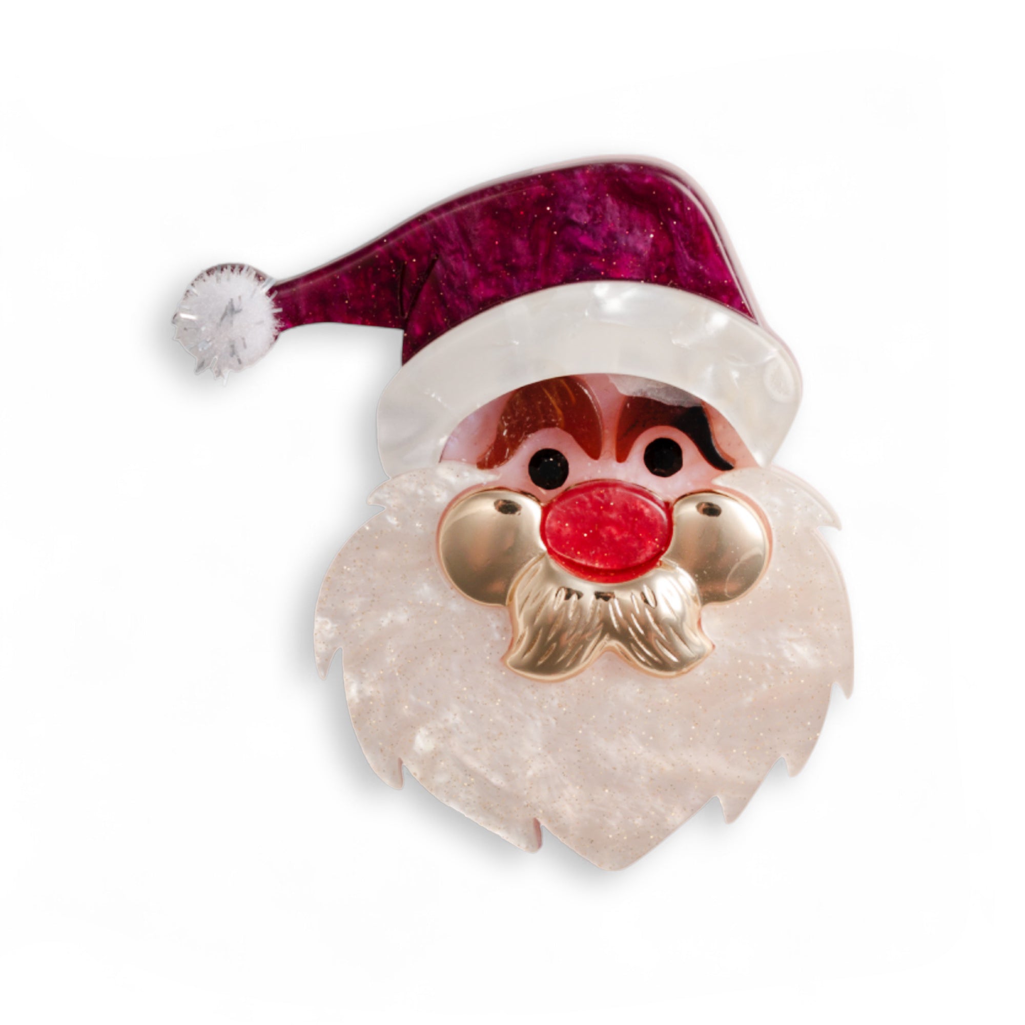 Spilla con base in metallo, design in acrilico del viso di babbo natale - Mya Accessories