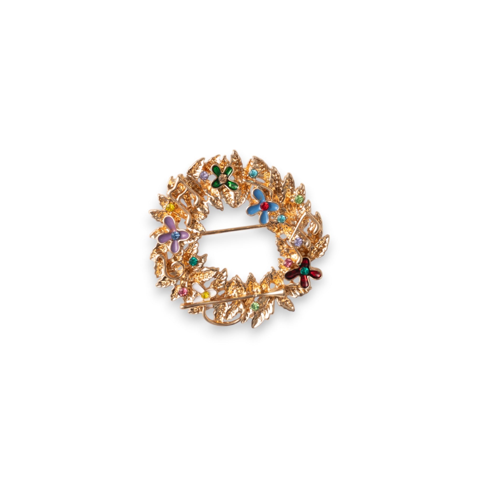 Spilla in metallo a forma di ghirlanda di natale con piccole pietre in vetro multicolore - Mya Accessories