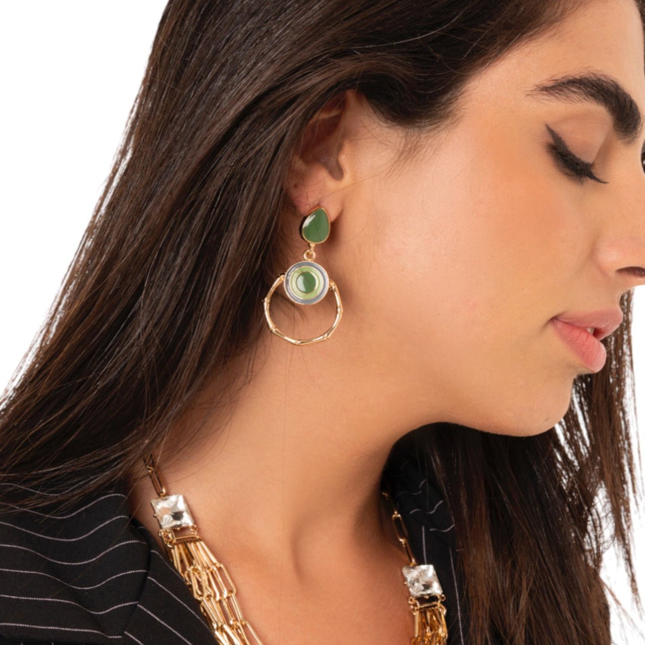 Orecchini pendenti in metallo design occhio greco, smaltati tono verde - Mya Accessories