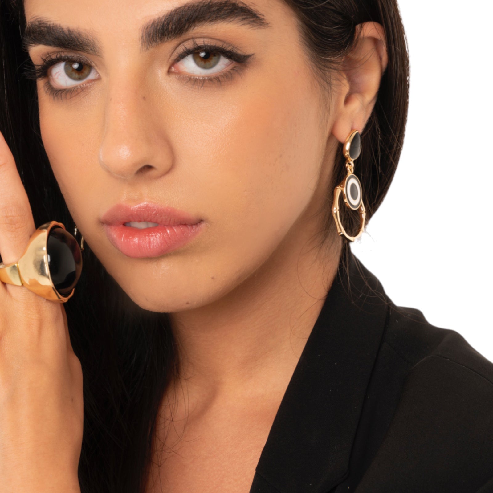 Orecchini pendenti in metallo design occhio greco, smaltati bianco e nero - Mya Accessories