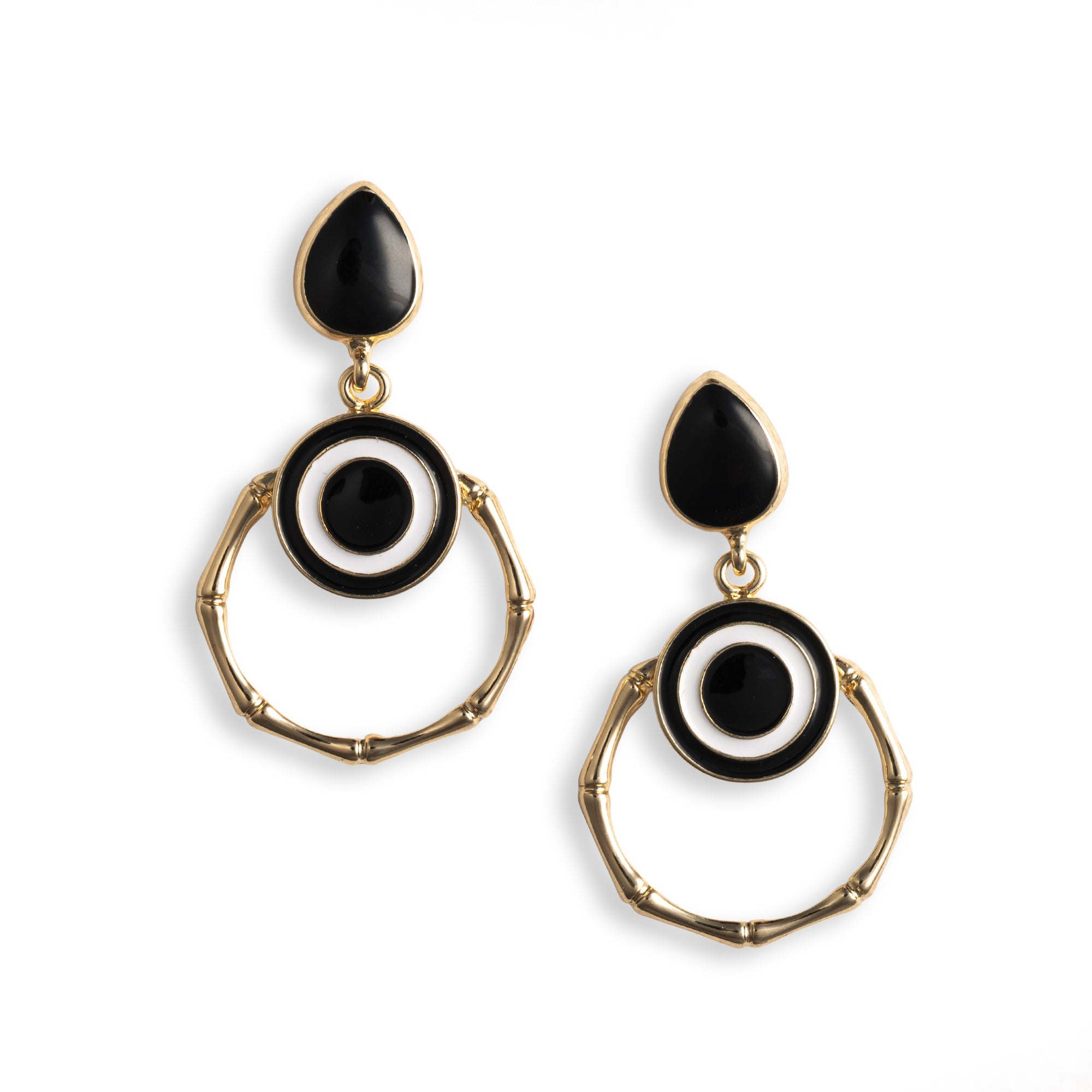 Orecchini pendenti in metallo design occhio greco, smaltati bianco e nero - Mya Accessories