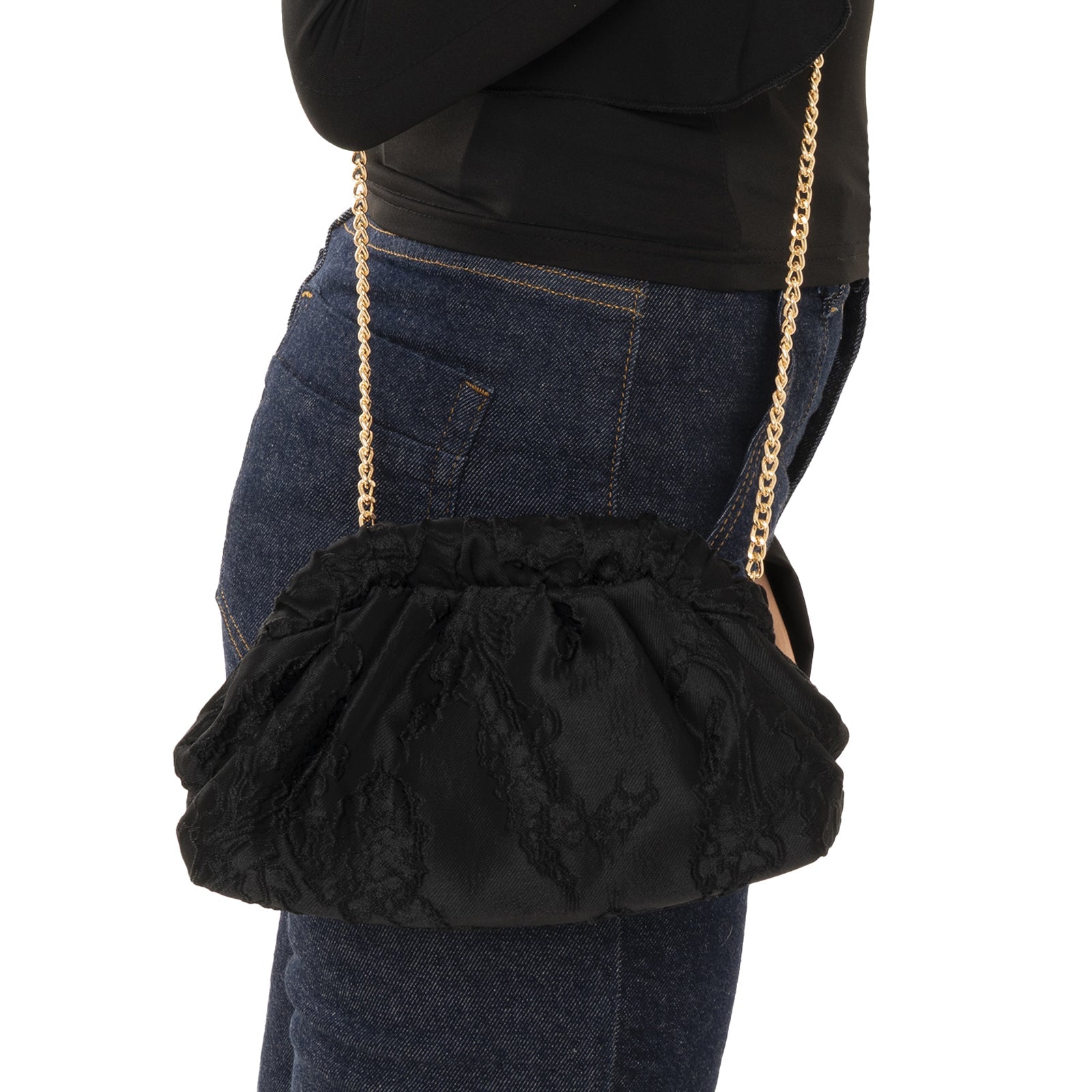 Borsa clutch in tessuto nero in tessuto nero con ricami a rilievo - Mya Accessories
