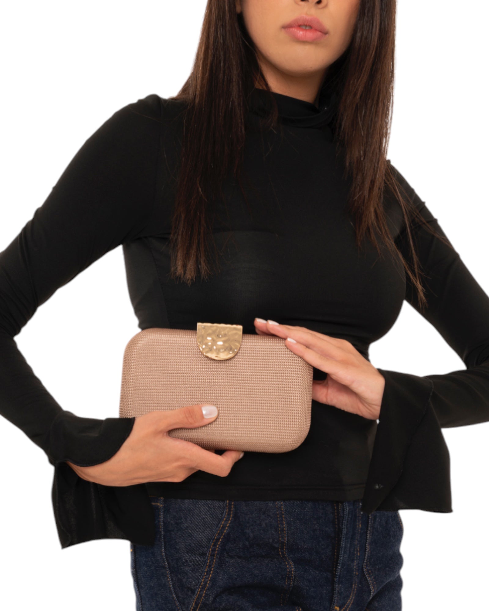 Borsa in tessuto beige rigida, chiusura con placchetta in metallo - Mya Accessories
