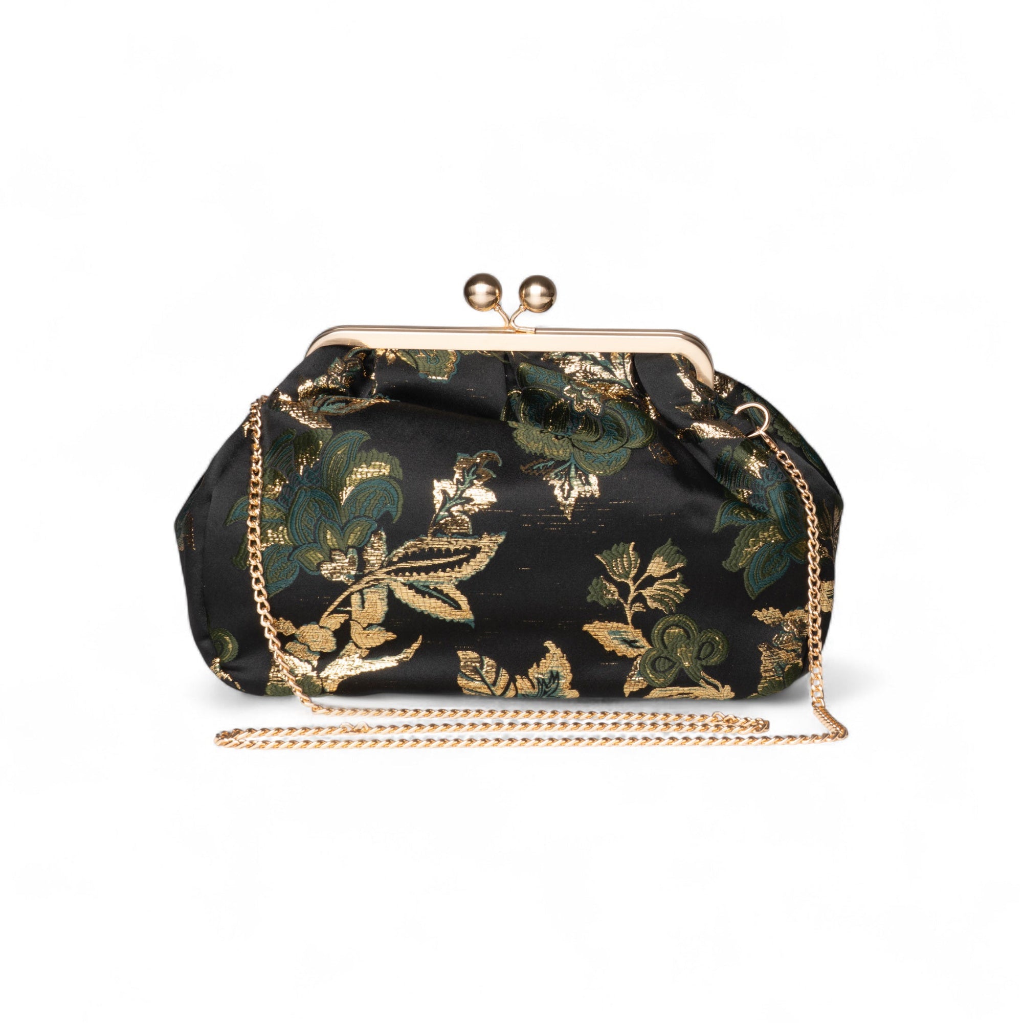 Borsa a caramella in tessuto con stampa a foglie tono verde ed oro - Mya Accessories