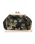 Borsa a caramella in tessuto con stampa a foglie tono verde ed oro - Mya Accessories