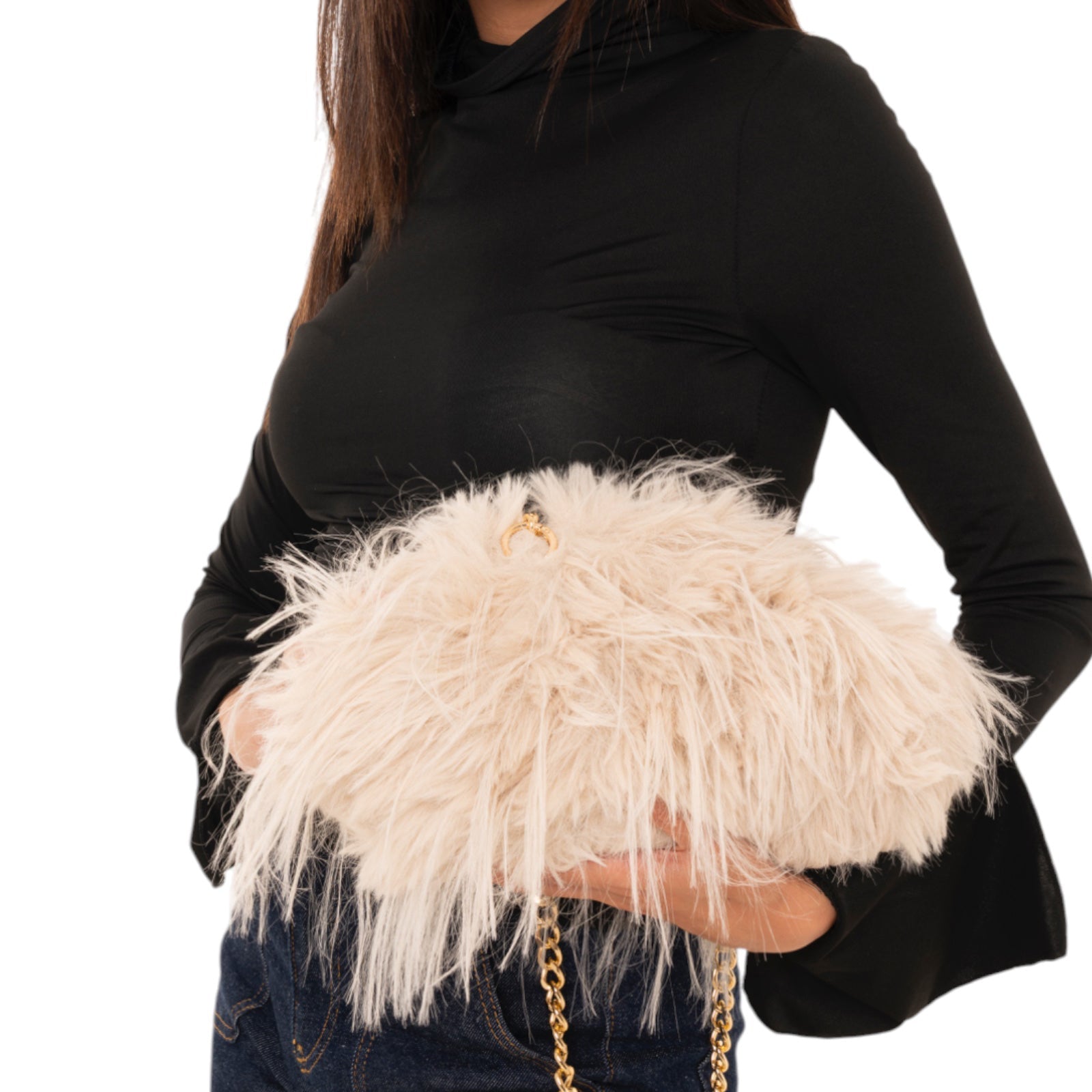 Borsa clutch a pelo lungo morbida beige - Mya Accessories