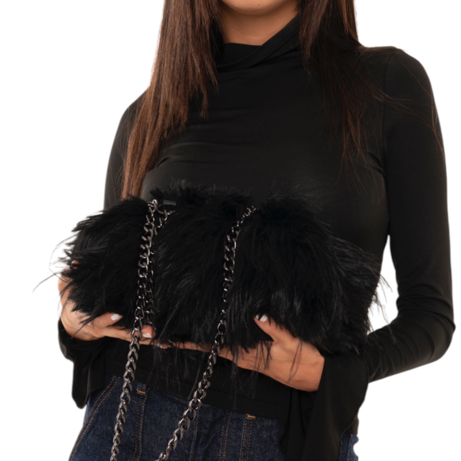 Borsa clutch a pelo lungo morbida nera - Mya Accessories