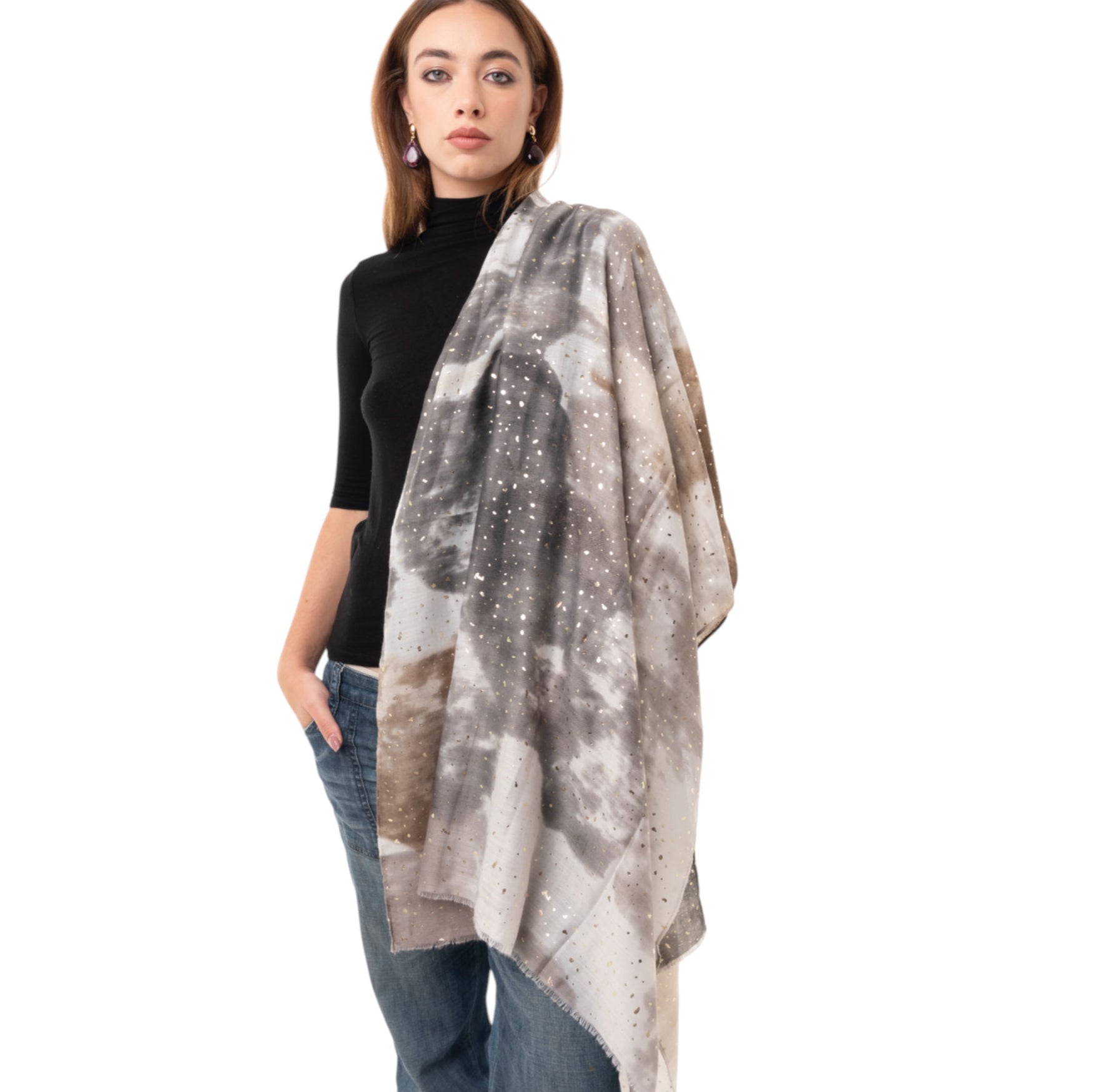 Sciarpa in cotone a fantasia tono grigio con brillantini oro - Mya Accessories