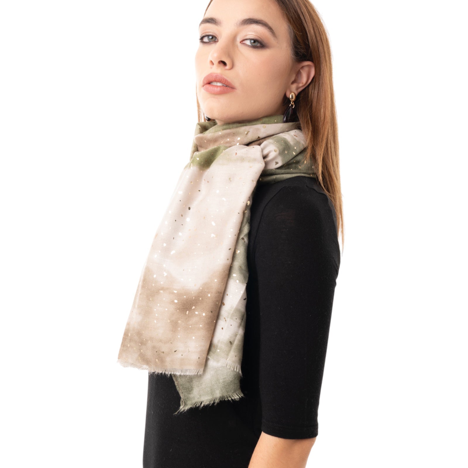 Sciarpa in cotone a fantasia tono verde con brillantini oro - Mya Accessories