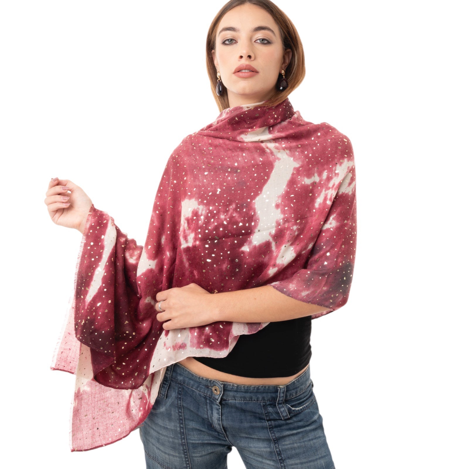 Sciarpa in cotone a fantasia tono magenta con brillantini oro - Mya Accessories
