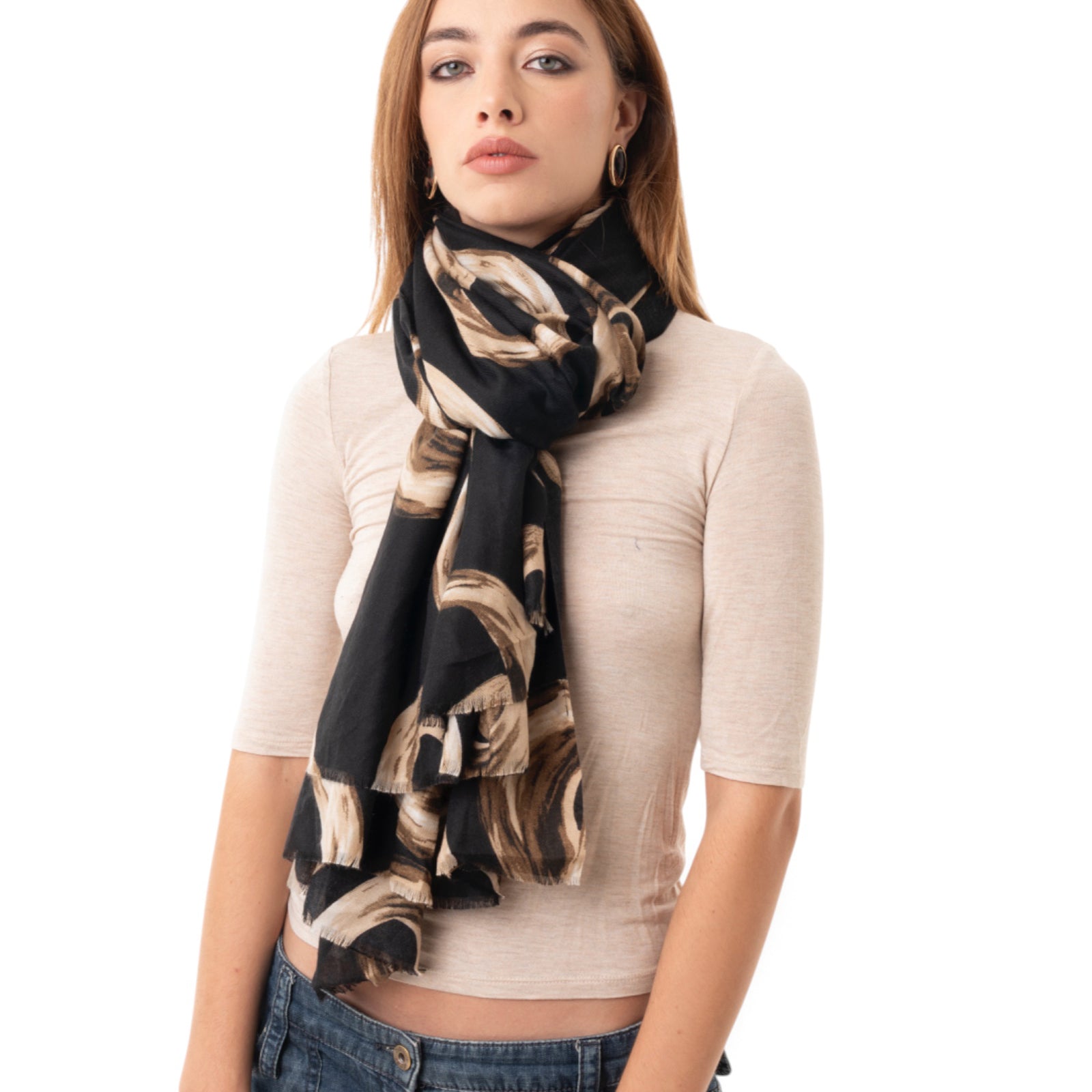 Sciarpa in cotone nera con stampa ad anelli beige - Mya Accessories
