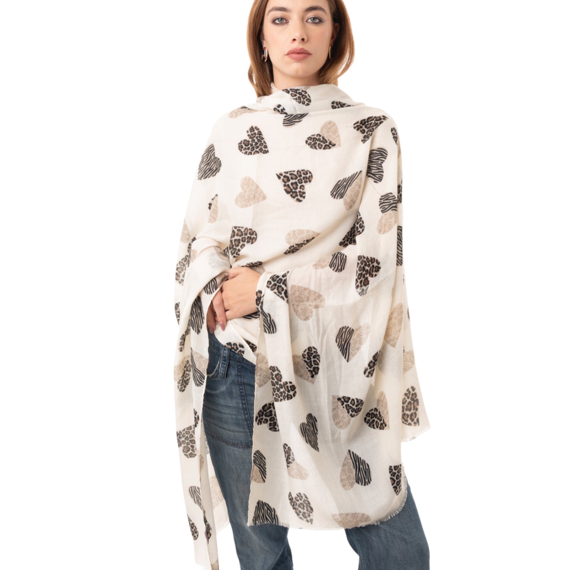 Sciarpa in cotone bianca con stampa a cuori animalier - Mya Accessories