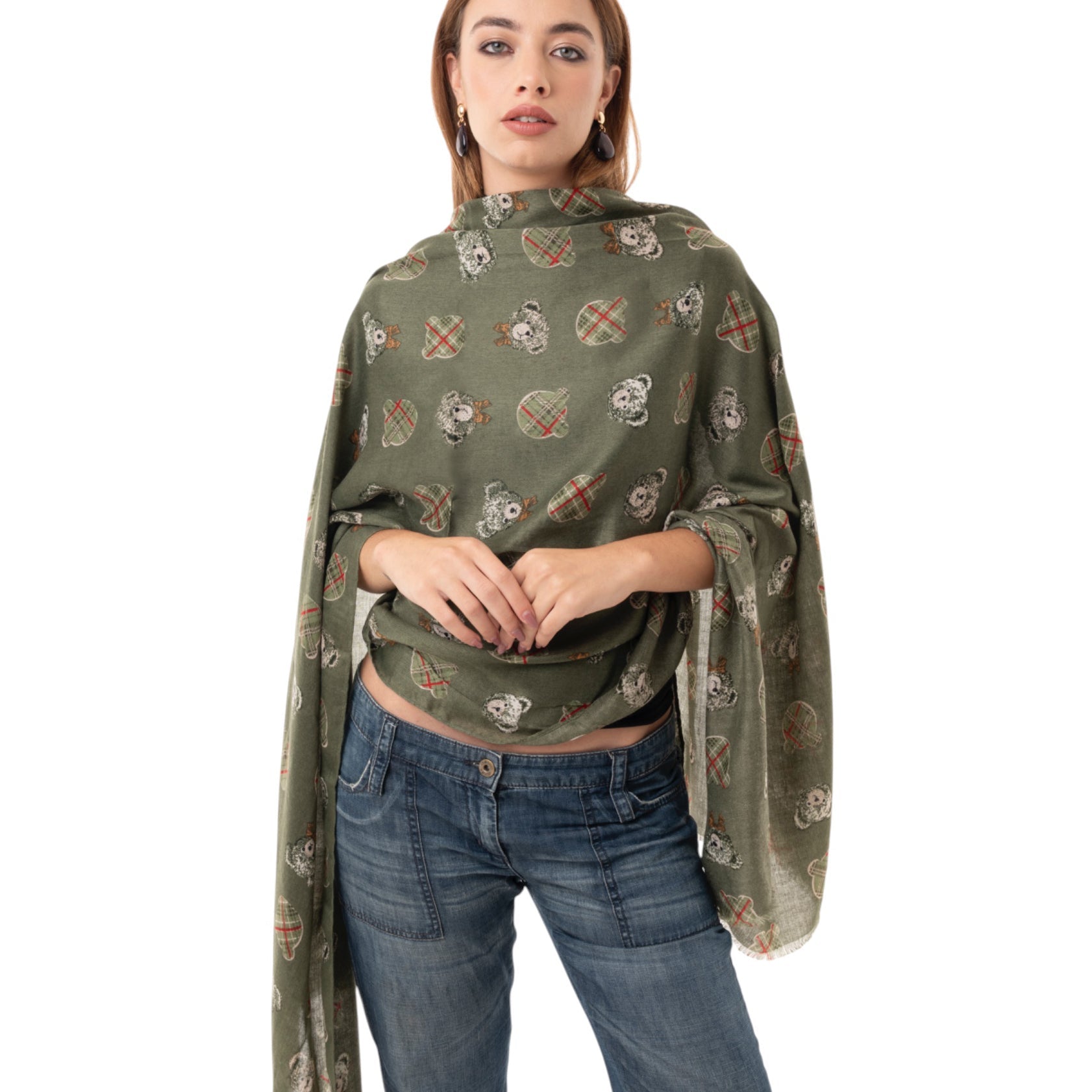 Sciarpa in cotone verde militare con stampa ad orsacchiotti - Mya Accessories