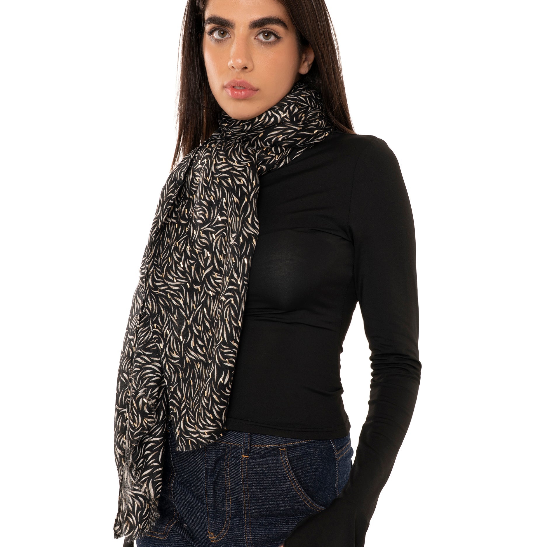 Sciarpa in cotone nera con stampa a foglioline bianche ed oro - Mya Accessories
