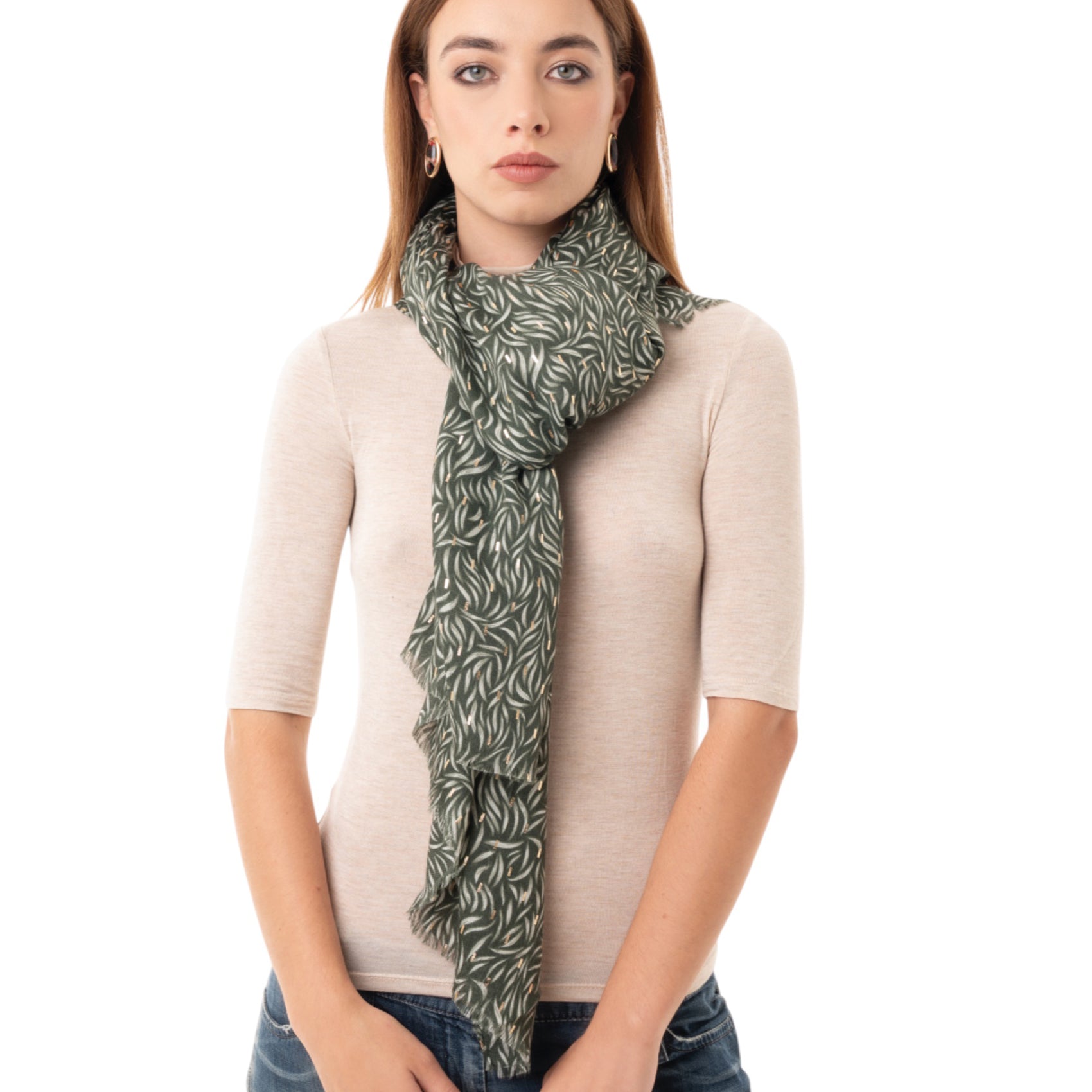 Sciarpa in cotone verde con stampa a foglioline bianche ed oro - Mya Accessories