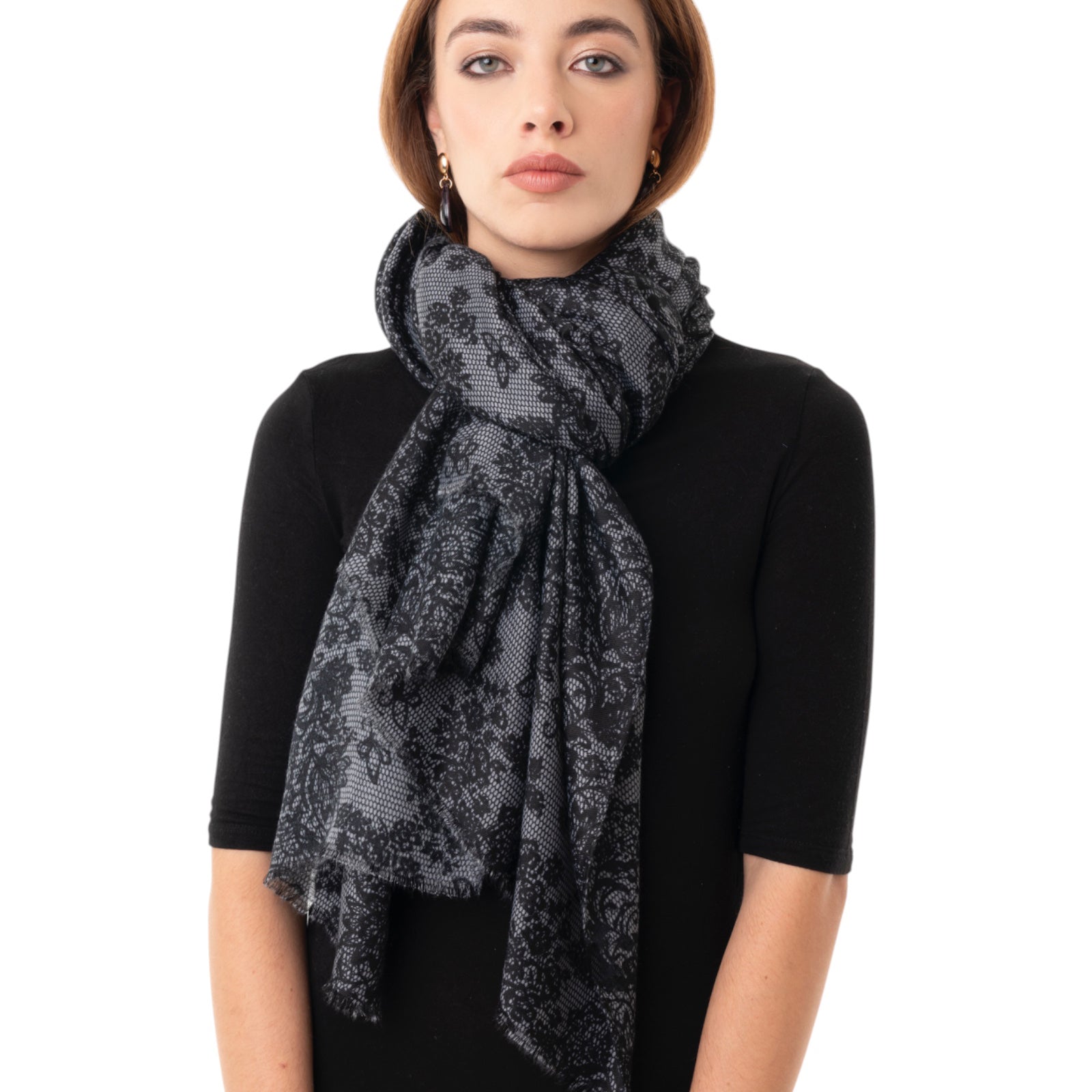 Sciarpa in cotone grigia con stampa a ricamo nera - Mya Accessories