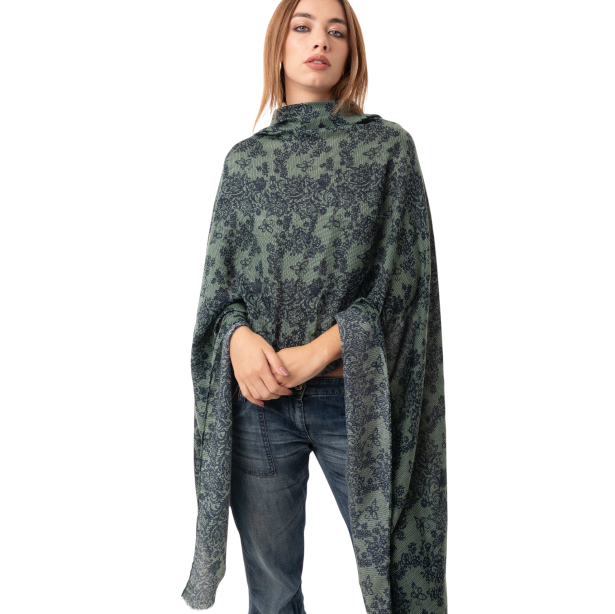 Sciarpa in cotone verde con stampa a ricamo nera - Mya Accessories
